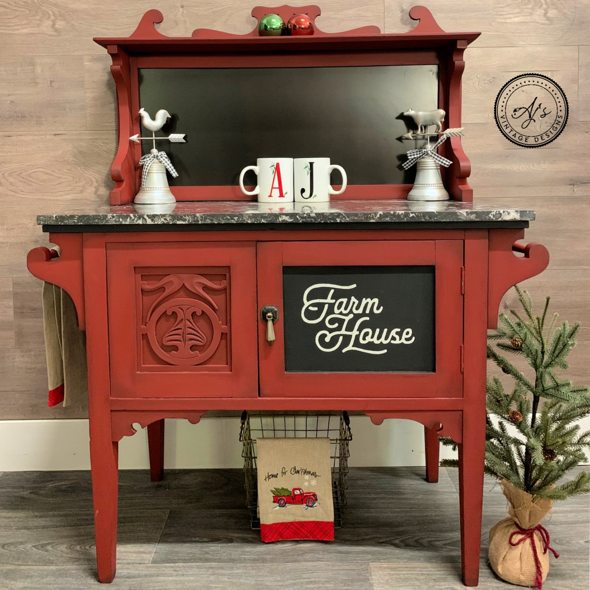 A vintage bar cart refurbished by Aj's Vintage Designs is painted in Dixie Belle's Rustic Red chalk mineral paint.