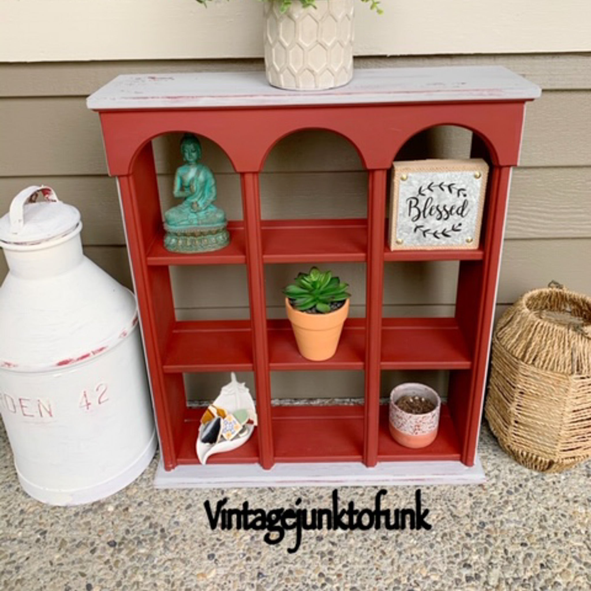 A small vintage hutch top refurbished by Vintage Junk to Funk is painted in Dixie Belle's Rustic Red chalk mineral paint.