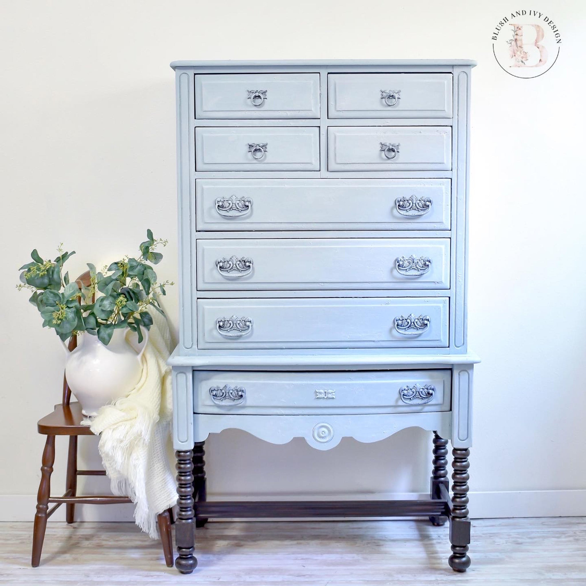 A vintage lingerie chest refurbished by Blush and Ivy Design is painted in Dixie Belle's Savannah Mist chalk mineral paint.