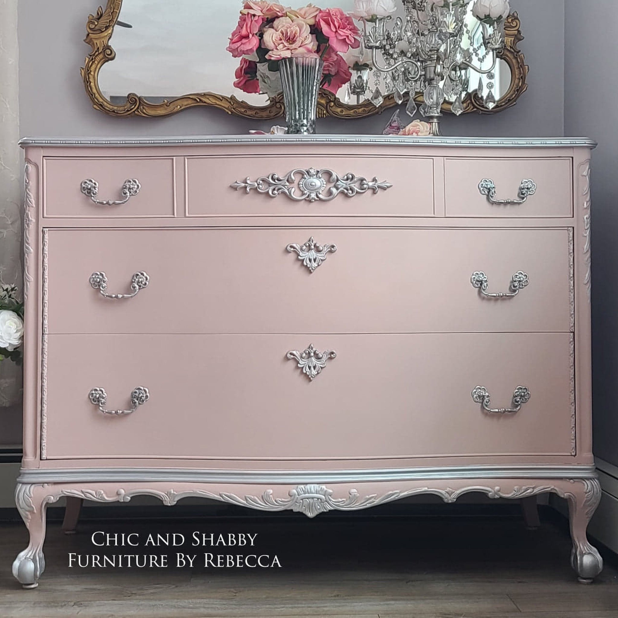 A vintage 5-drawer dresser refurbised by Chic and Shabby Furniture by Rebecca is painted in Dixie Belle's Tea Rose chalk mineral paint.