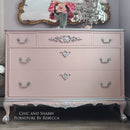 A vintage 5-drawer dresser refurbished by Chic and Shabby Furniture by Rebecca is painted in Dixie Belle's Tea Rose chalk mineral paint.