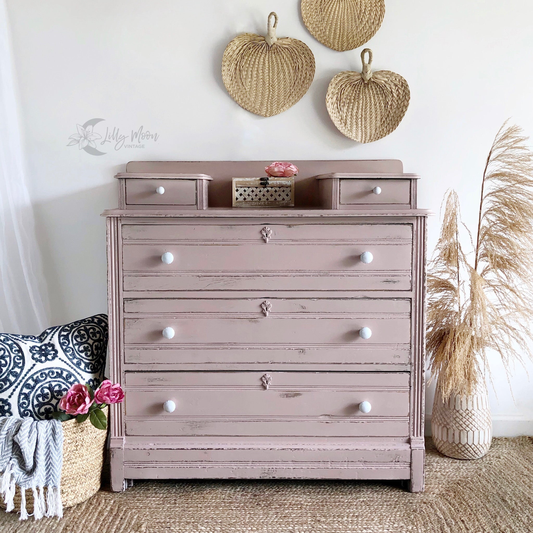 A vintage dresser refurbished by Lilly Moon Vintage is painted in Dixie Belle's Tea Rose chalk mineral paint.