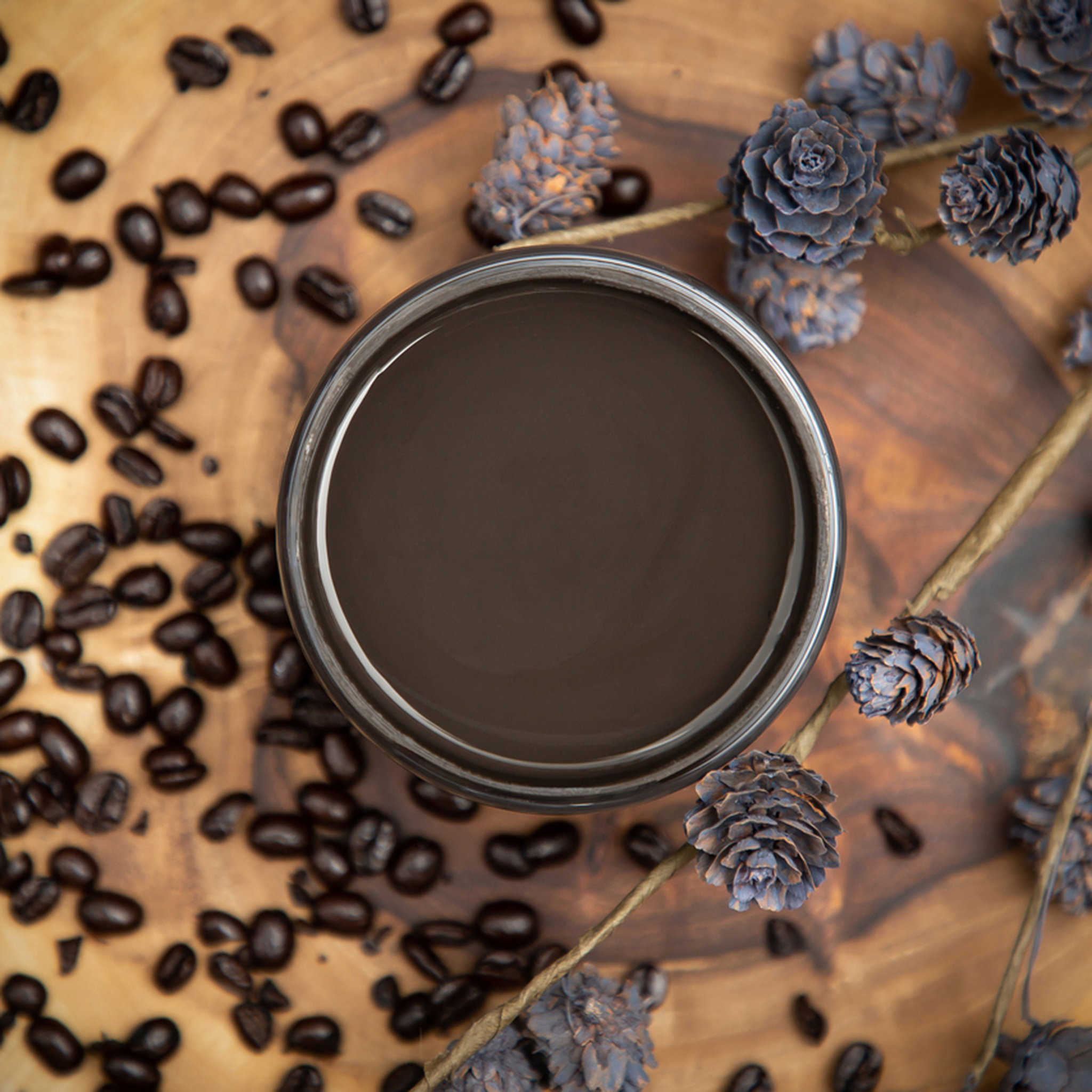 An arial view of an open container of Dixie Belle Paint Company's Coffee Bean Chalk Mineral Paint is surrounded by coffee beans and small pine cones on branches against a wood table.