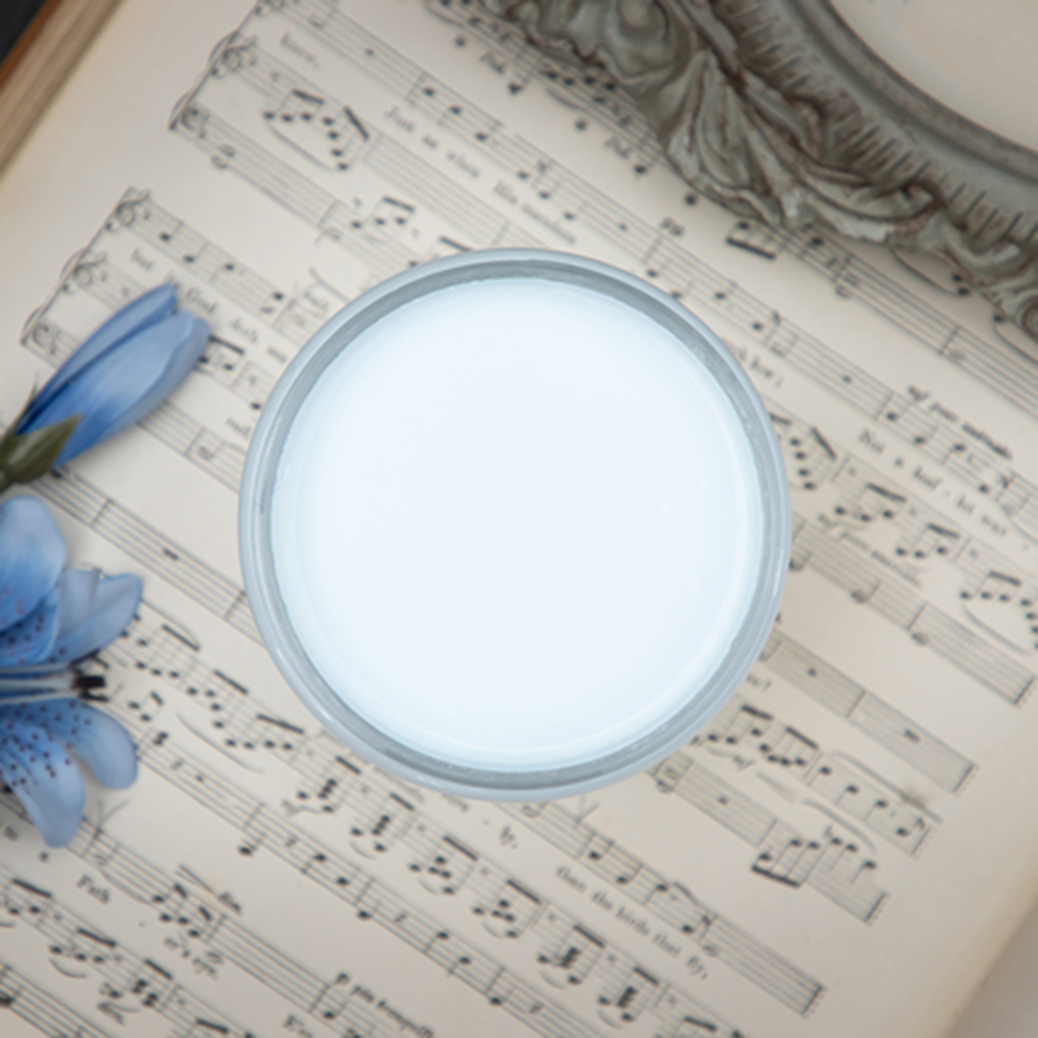 An arial view of an open container of Dixie Belle Paint Company’s Haint Blue Chalk Mineral Paint sits on a book of sheet music.
