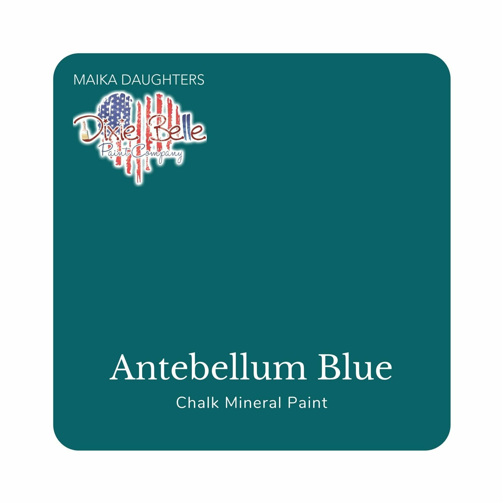 A square swatch card of Dixie Belle Paint Company’s Antebellum Blue Chalk Mineral Paint is against a white background. This color is a rich dark teal.