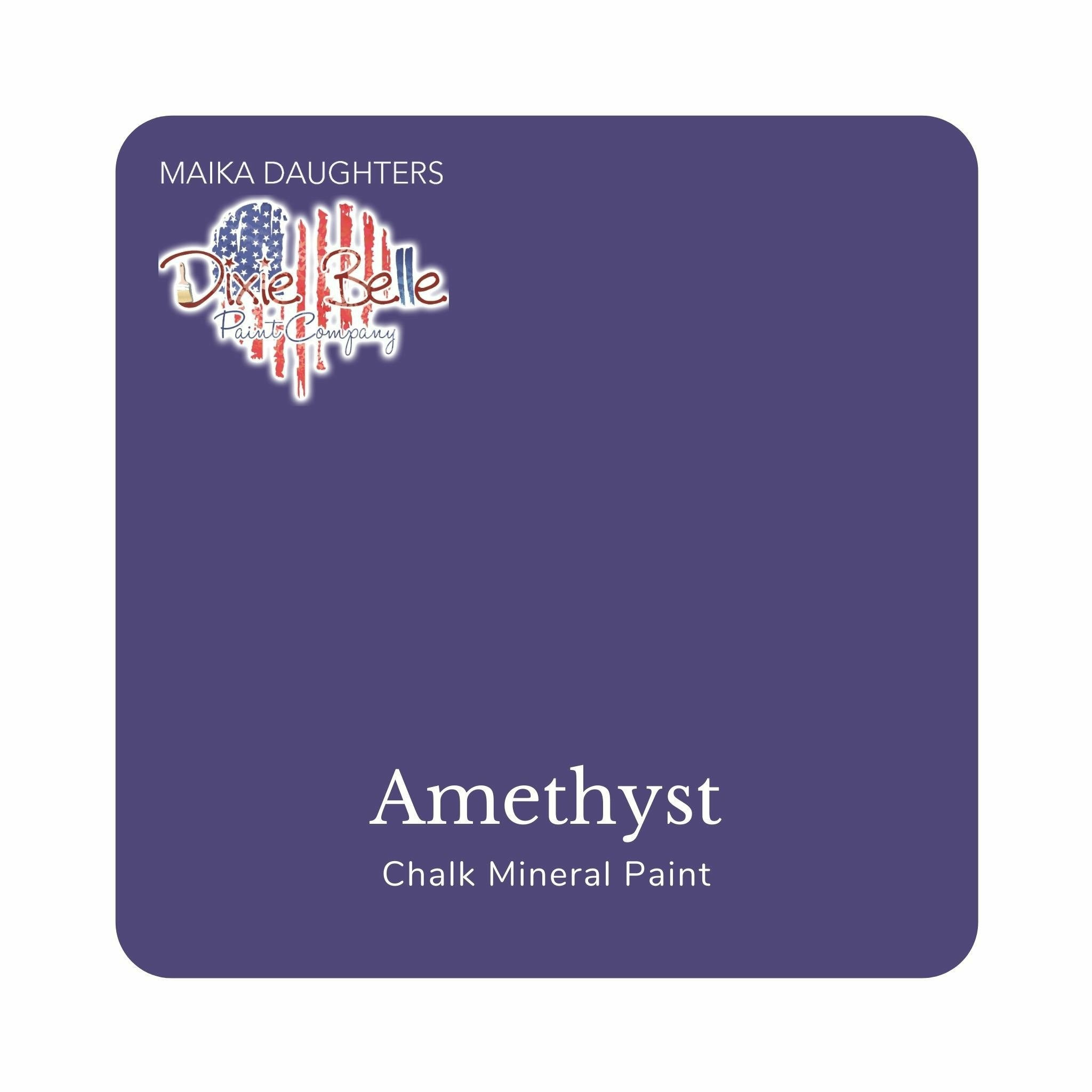 A square swatch card of Dixie Belle Paint Company's Amethyst Chalk Mineral Paint is against a white background. This color is a rich deep purple.