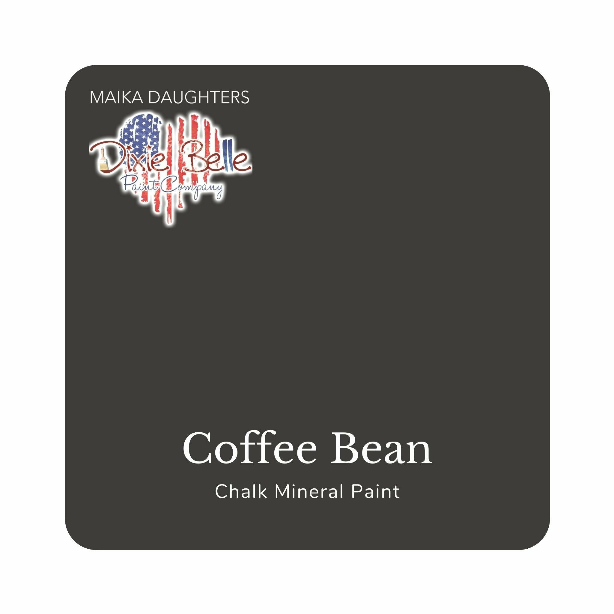 A square swatch card of Dixie Belle Paint Company’s Coffee Bean Chalk Mineral Paint is against a white background. This color is a dark espresso brown.