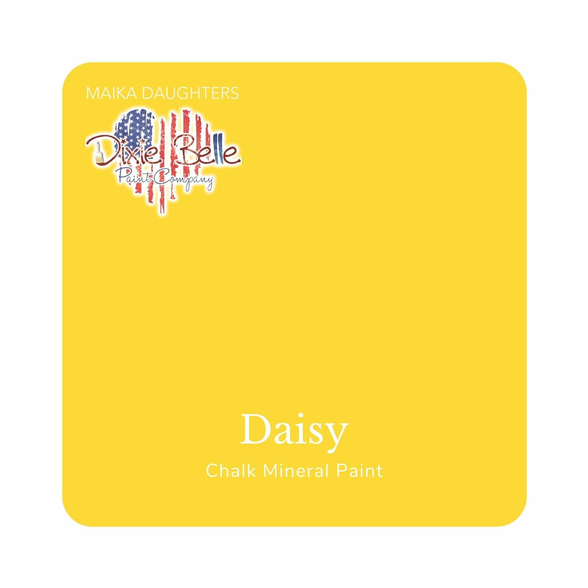 A square swatch card of Dixie Belle Paint Company’s Daisy Chalk Mineral Paint is against a white background. This color is a bright yellow.