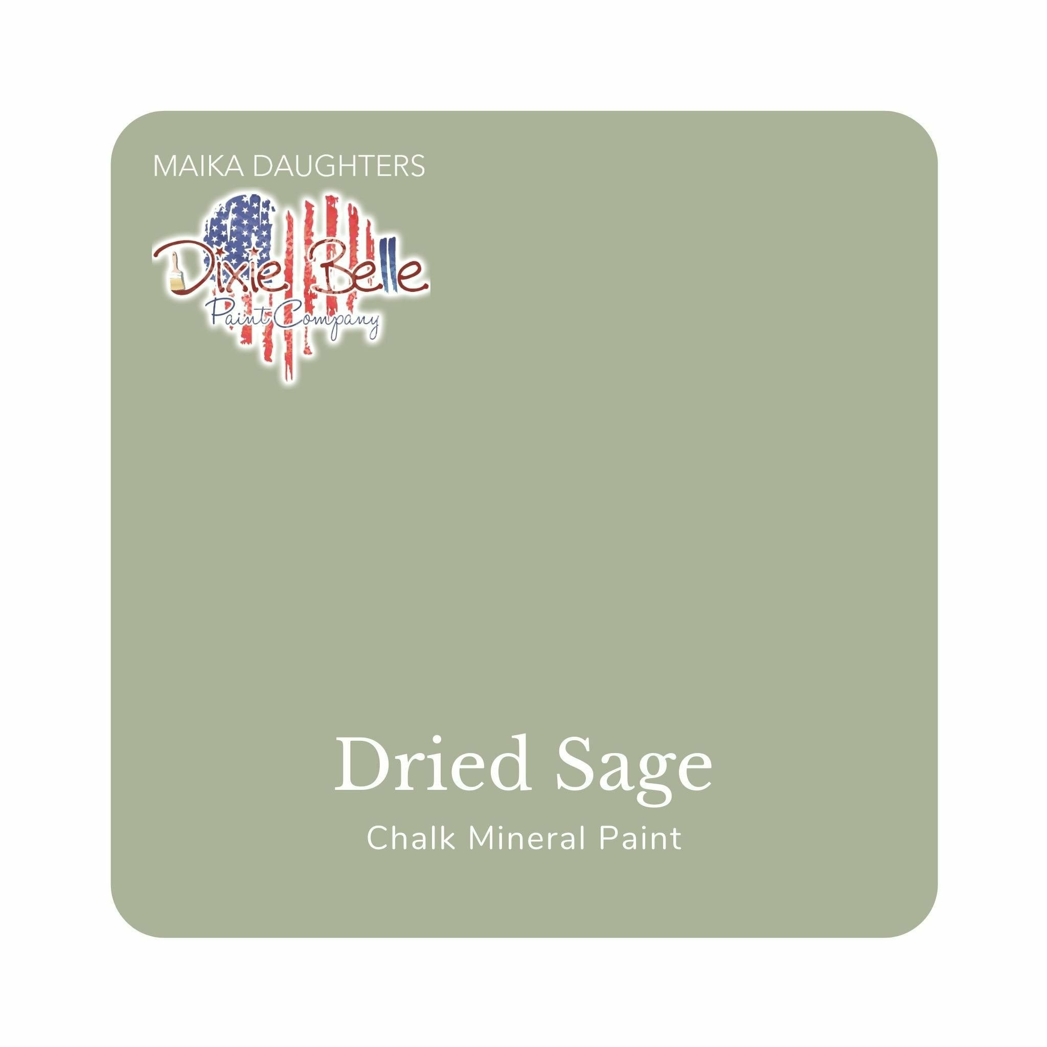 A square swatch card of Dixie Belle Paint Company’s Dried Sage Chalk Mineral Paint is against a white background. This color is a grey with green untertones.