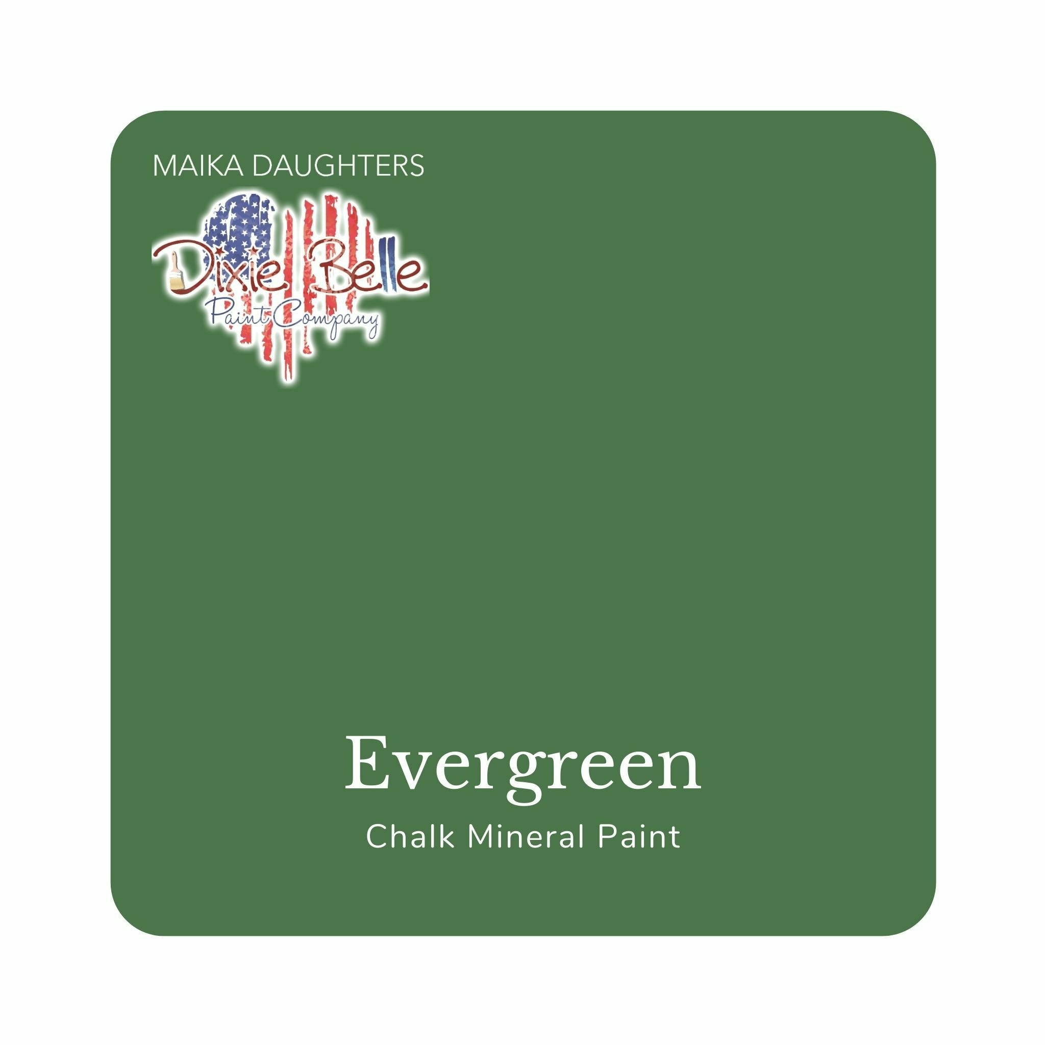 A square swatch card of Dixie Belle Paint Company’s Evergreen Chalk Mineral Paint is against a white background. This color is a soft traditional green.