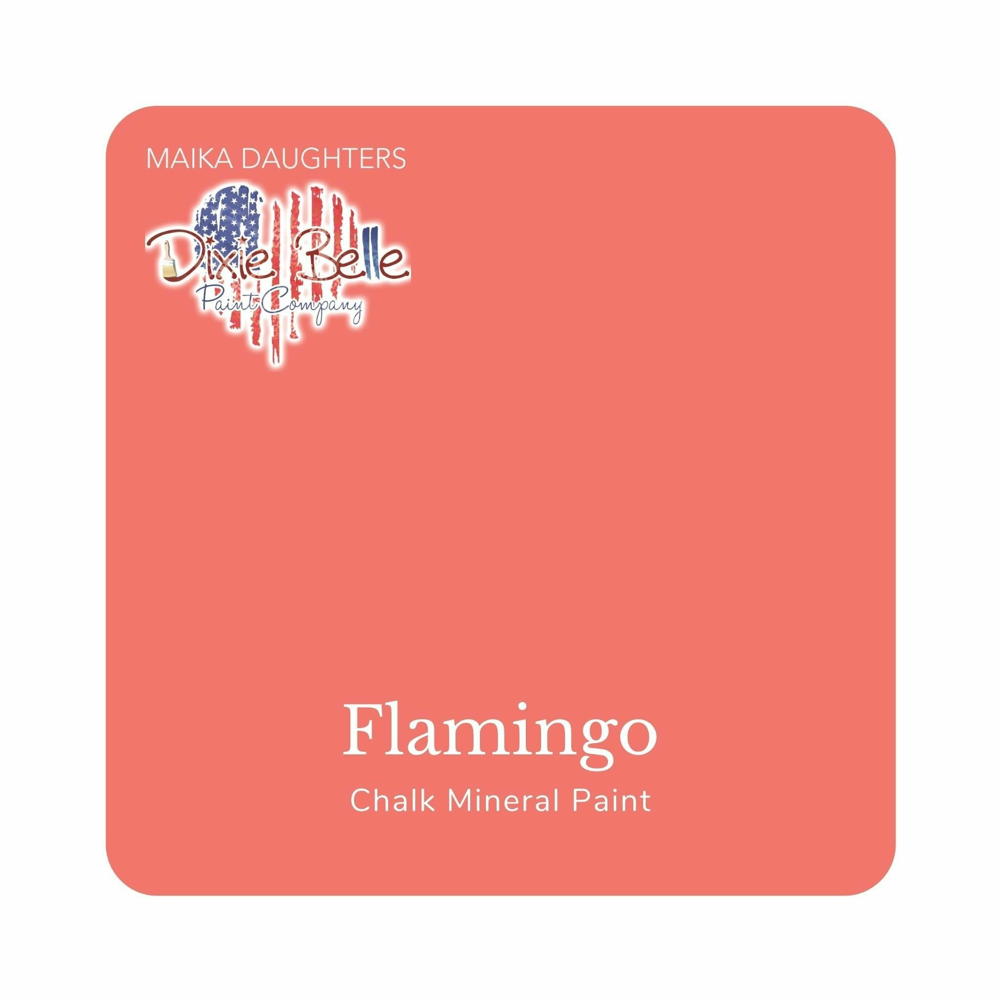 A square swatch card of Dixie Belle Paint Company’s Flamingo Chalk Mineral Paint is against a white background. This color is bright coral with a pink undertone.