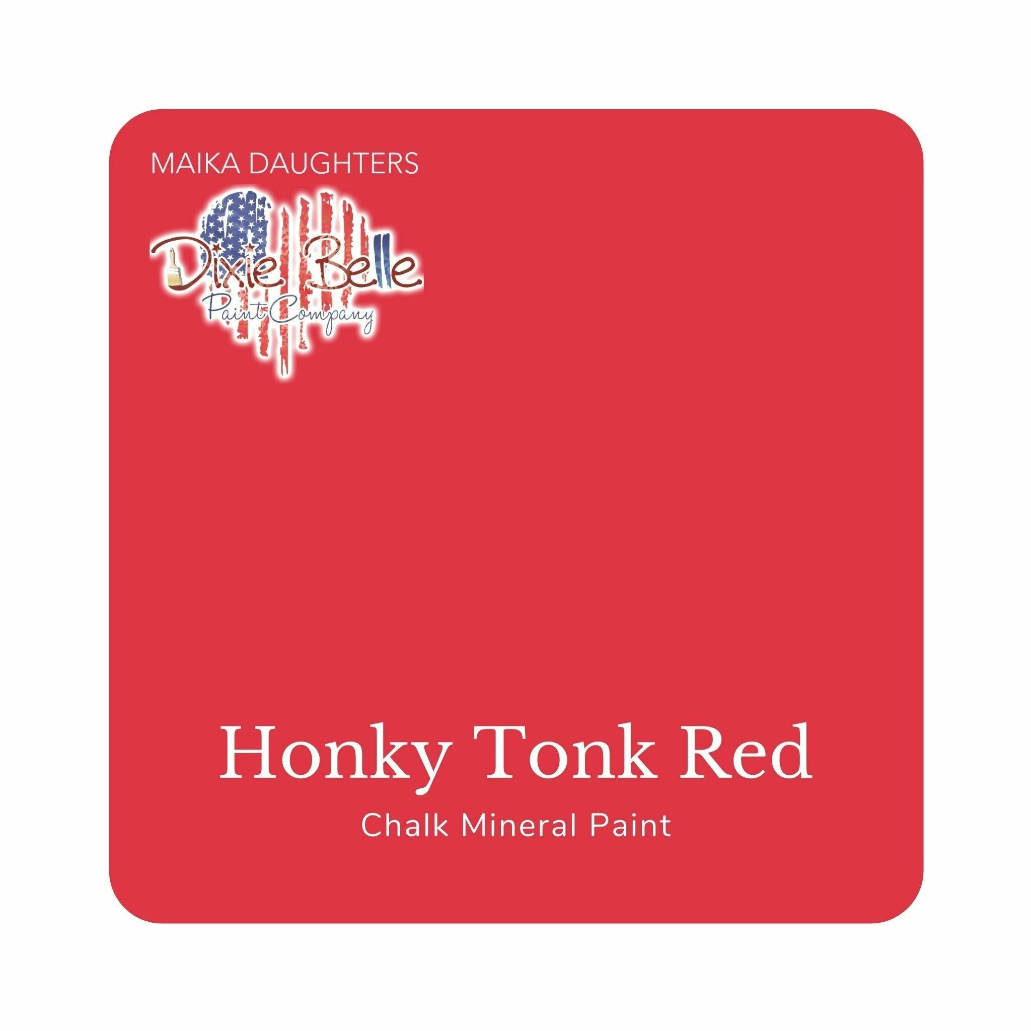 A square swatch card of Dixie Belle Paint Company’s Honky Tonk Red Chalk Mineral Paint is against a white background. This color is a red coral rose.