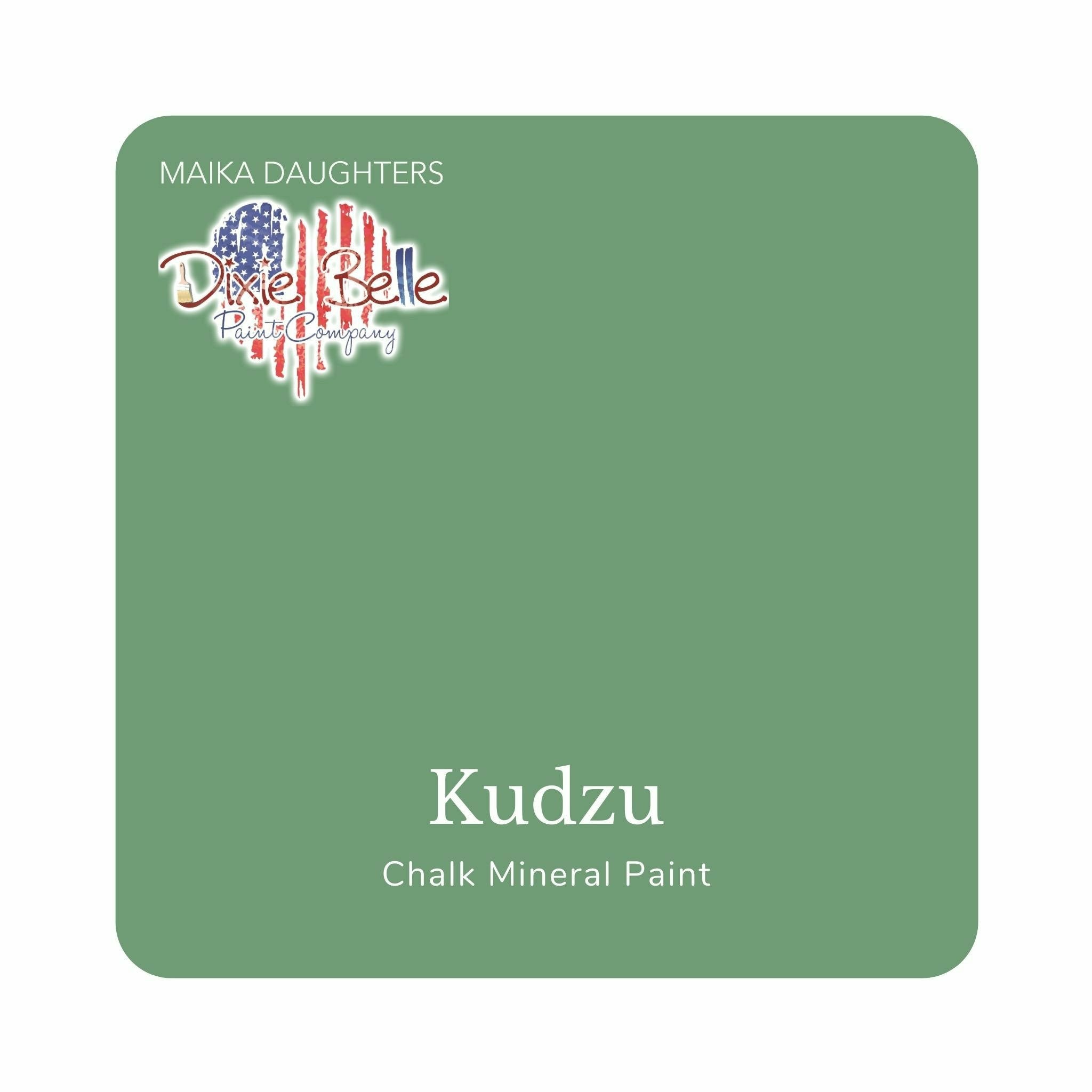 A square swatch card of Dixie Belle Paint Company’s Kudzu Chalk Mineral Paint is against a white background. This color is a light melon green.