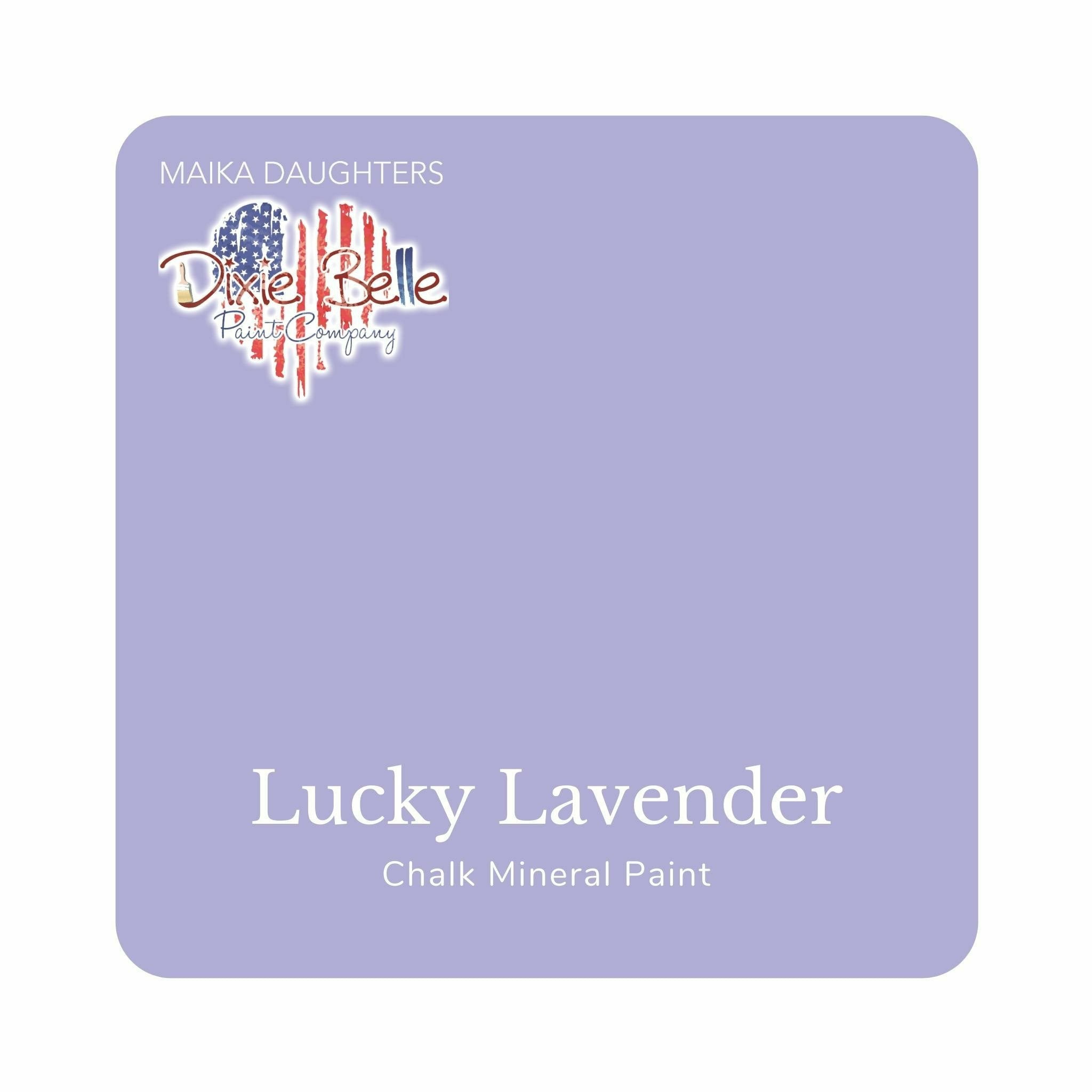 A square swatch card of Dixie Belle Paint Company’s Lucky Lavender Chalk Mineral Paint is against a white background. This color is a warm violet.