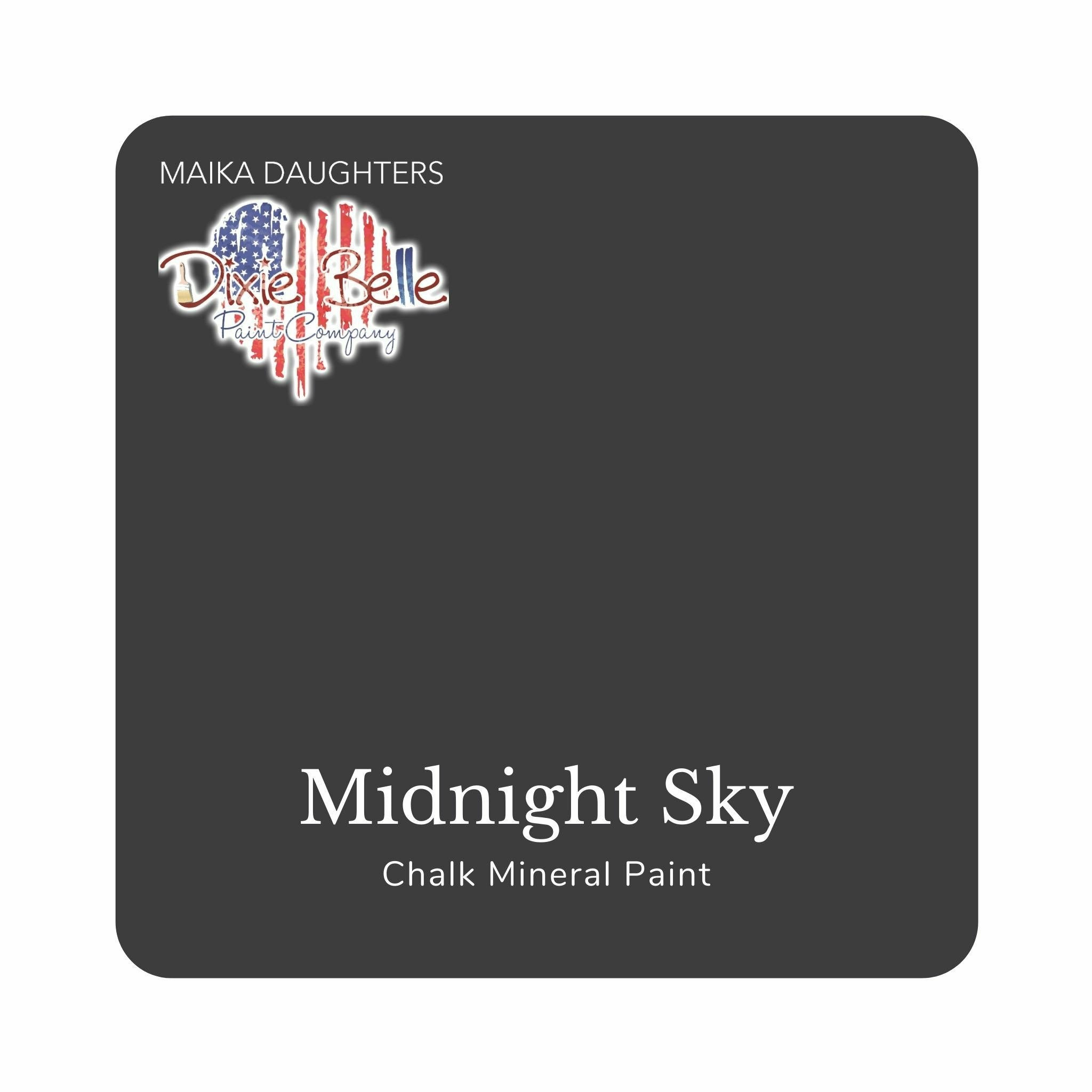 A square swatch card of Dixie Belle Paint Company’s Midnight Sky Chalk Mineral Paint is against a white background. This color is a dark slate gray.