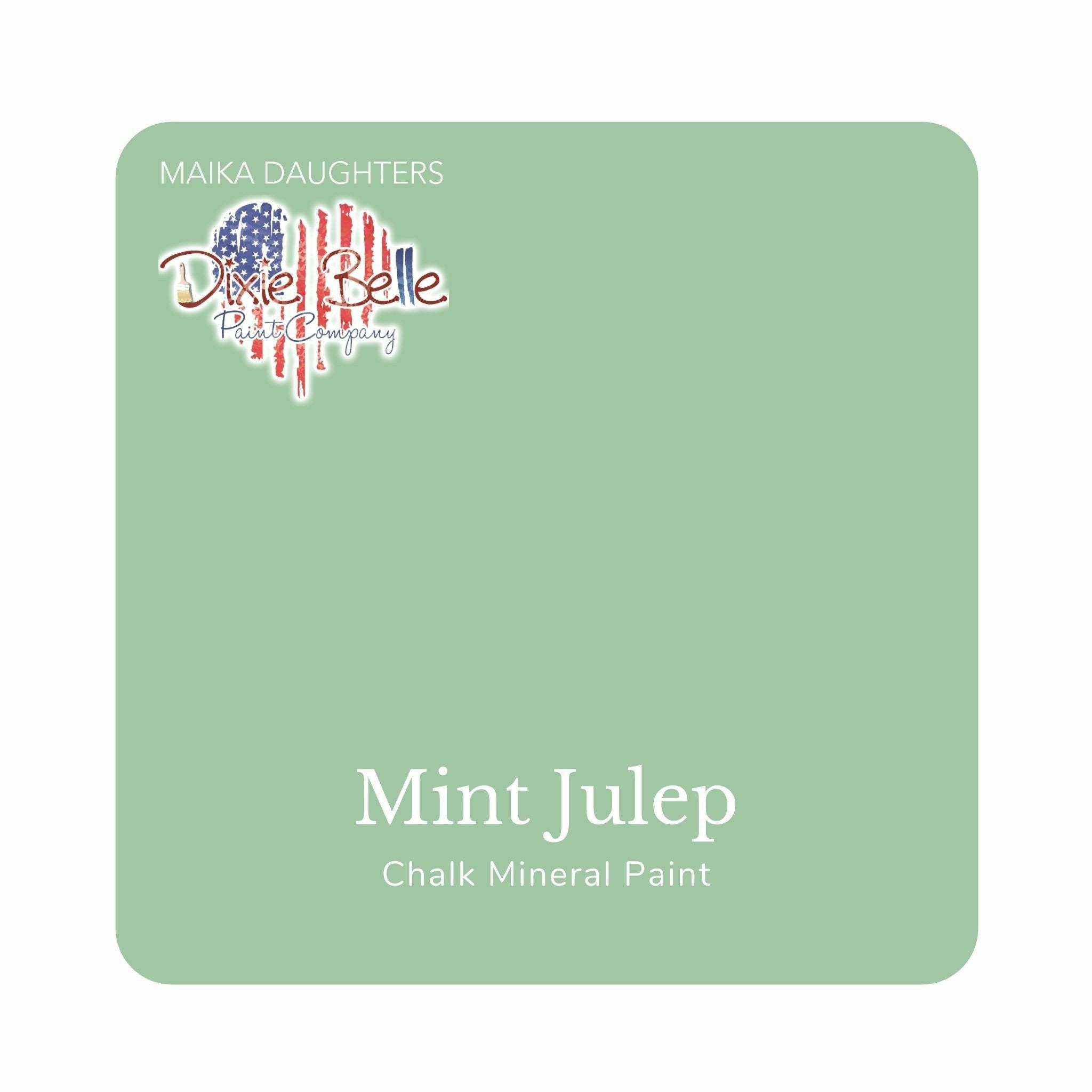 A square swatch card of Dixie Belle Paint Company’s Mint Julep Chalk Mineral Paint is against a white background. This color is a light green with gray untertones.