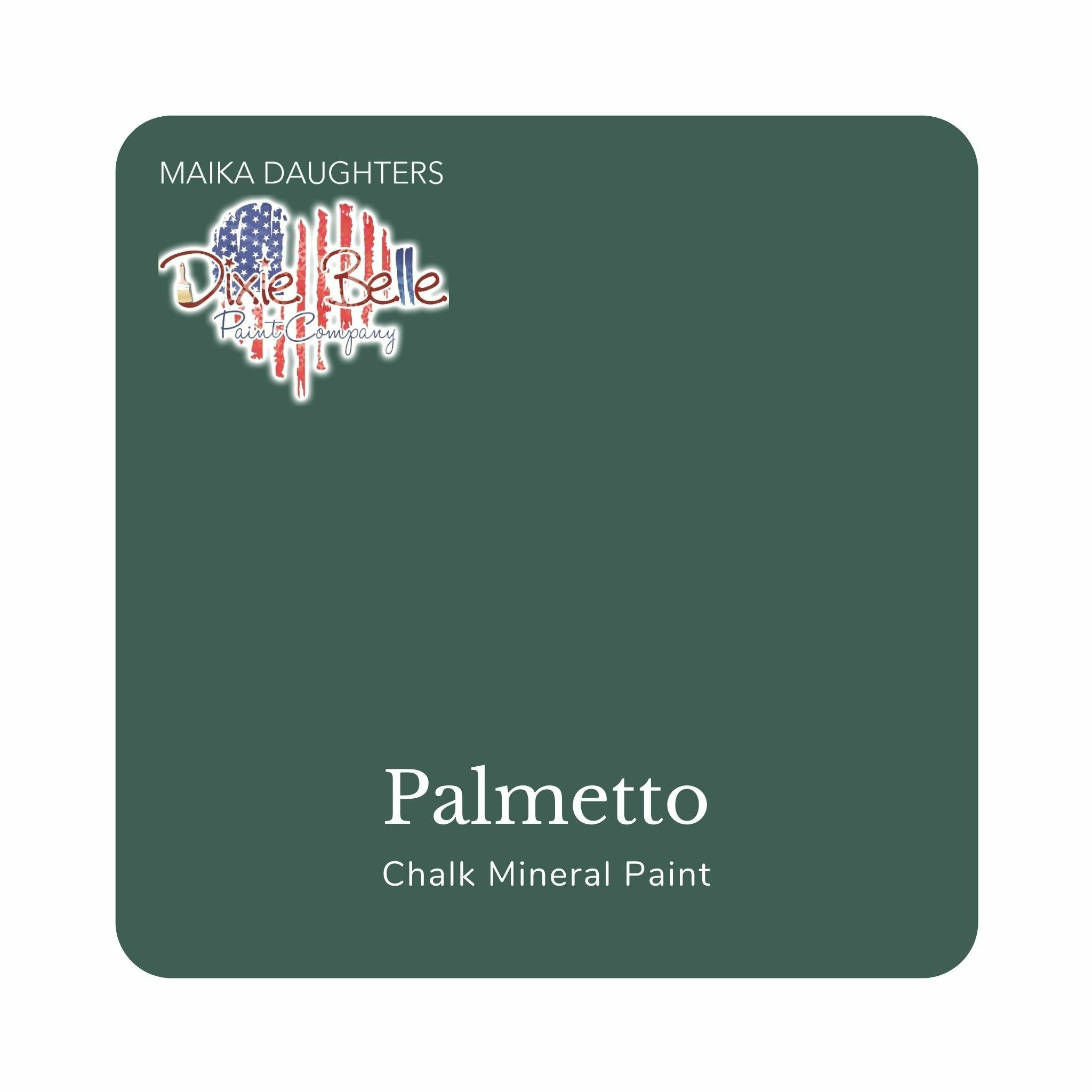 A square swatch card of Dixie Belle Paint Company’s Palmetto Chalk Mineral Paint is against a white background. This color is a subdued green with a cyan undertone.