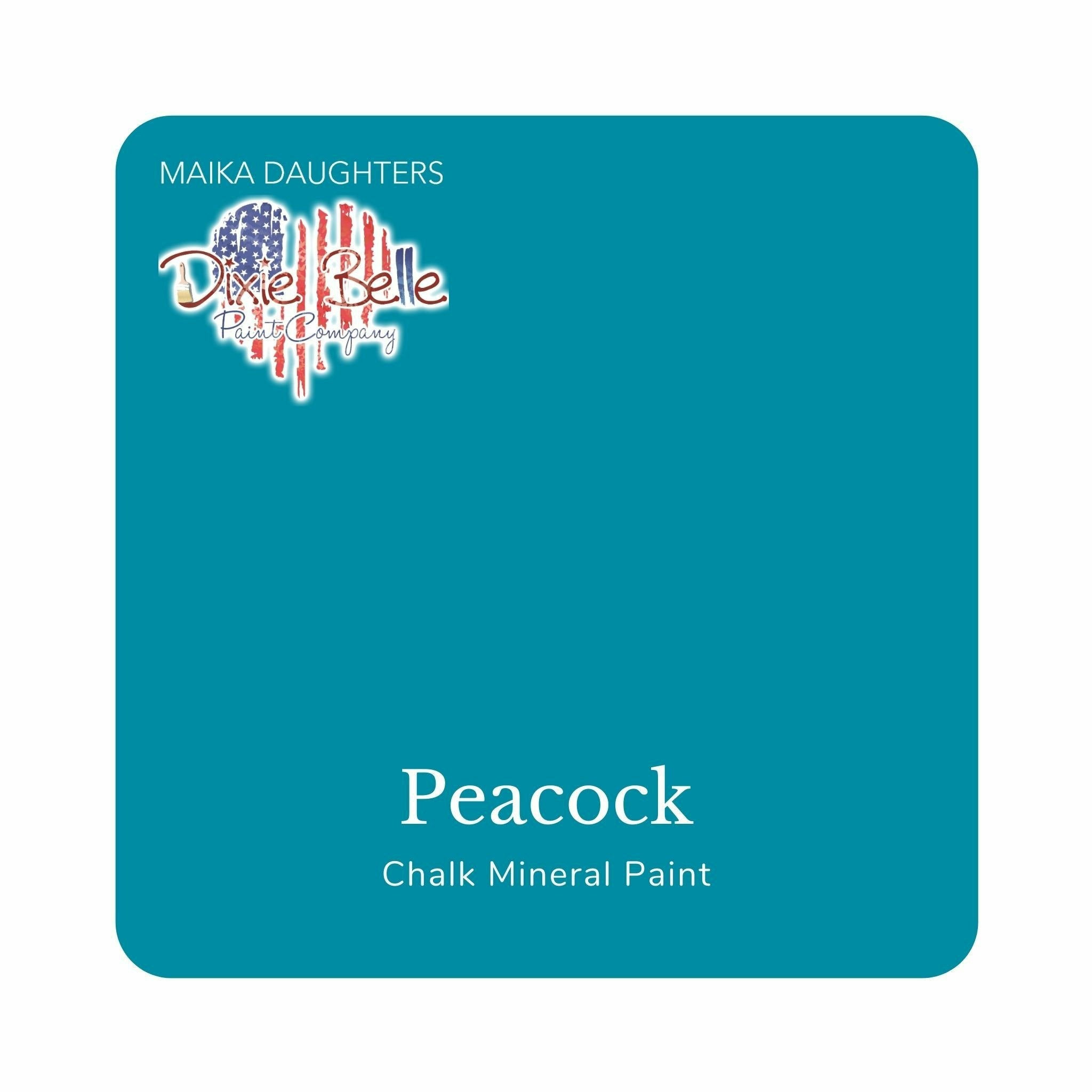 A square swatch card of Dixie Belle Paint Company’s Peacock Chalk Mineral Paint is against a white background. This color is a true teal.