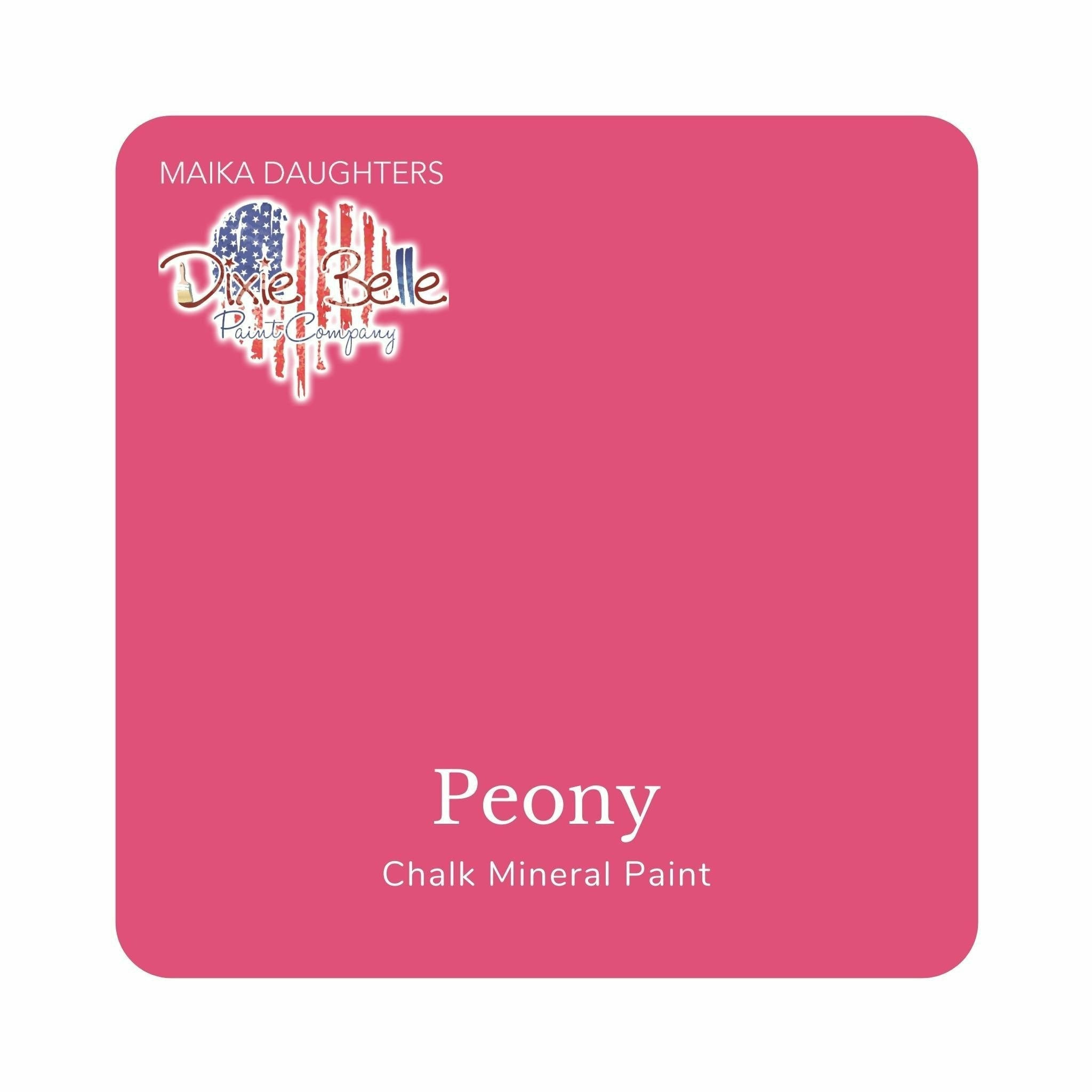 A square swatch card of Dixie Belle Paint Company’s Peony Chalk Mineral Paint is against a white background. This color is a vivid pink.