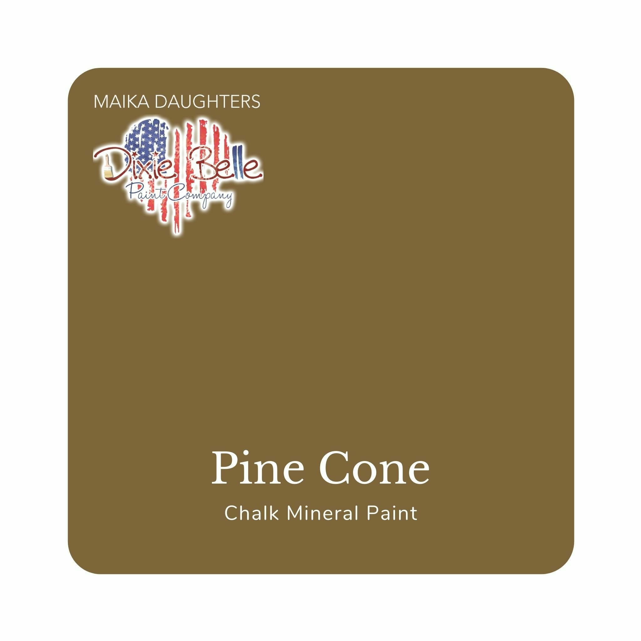 A square swatch card of Dixie Belle Paint Company’s Pine Cone Chalk Mineral Paint is against a white background. This color is a warm beige.