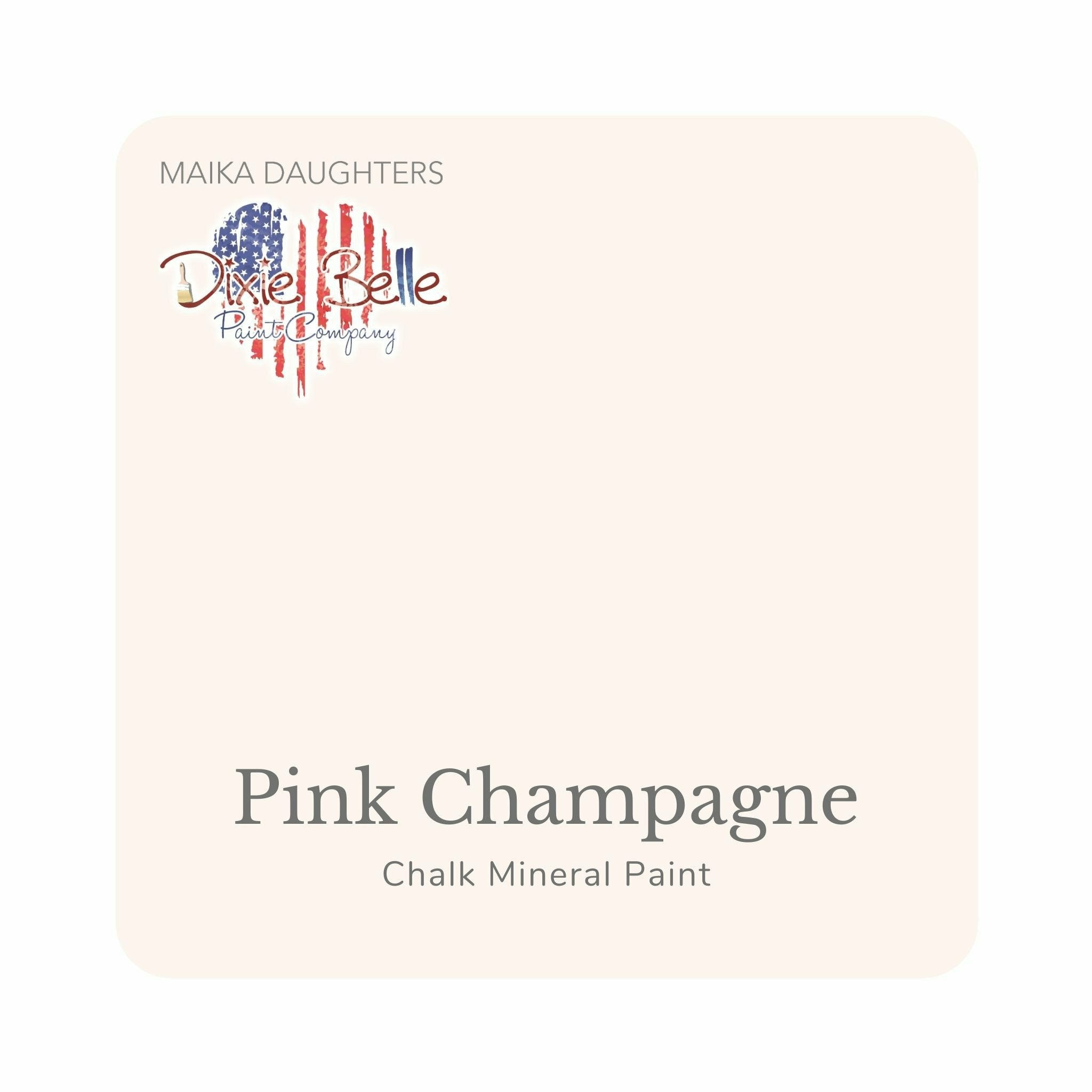 A square swatch card of Dixie Belle Paint Company’s Pink Champagne Chalk Mineral Paint is against a white background. This color is a pale soft pink.