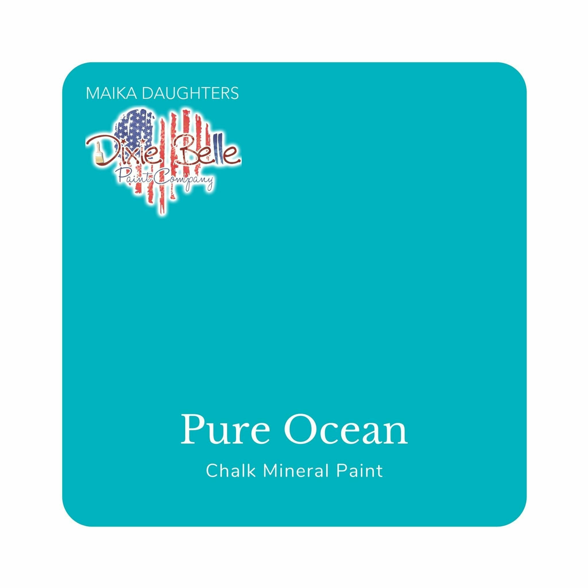 A square swatch card of Dixie Belle Paint Company’s Pure Ocean Chalk Mineral Paint is against a white background. This color is a vivid turquoise blue.