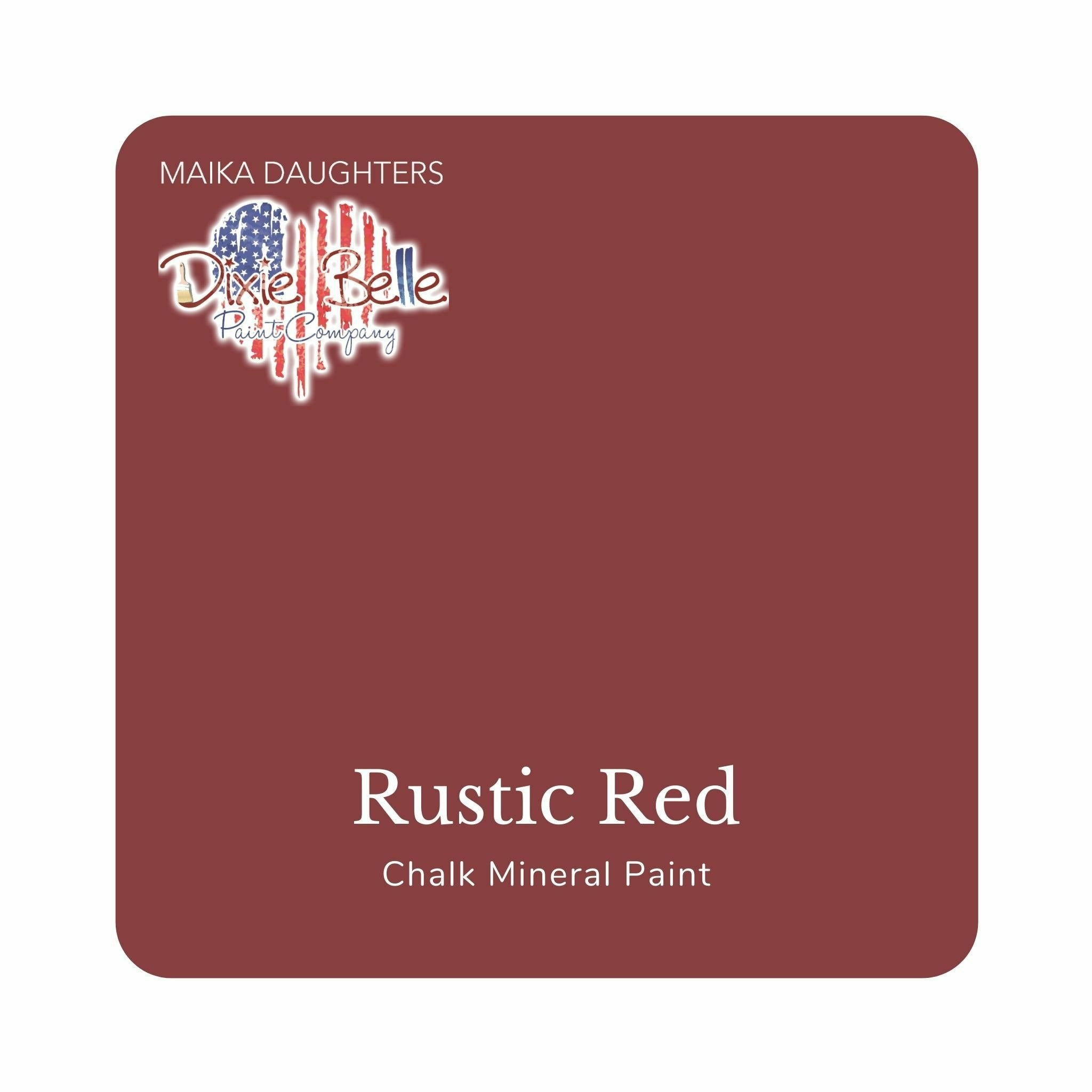 A square swatch card of Dixie Belle Paint Company’s Rustic Red Chalk Mineral Paint is against a white background. This color is a warm birck red.