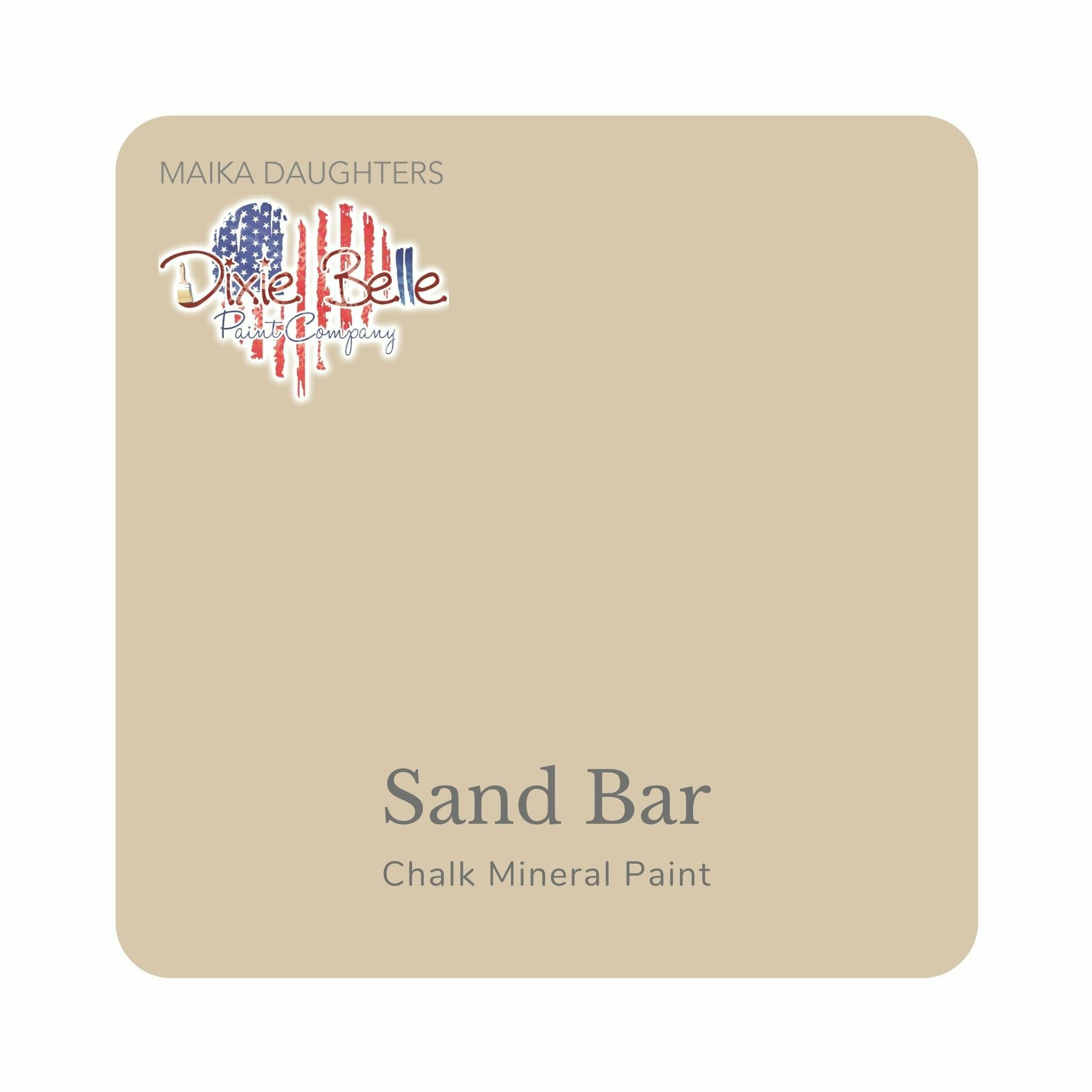 A square swatch card of Dixie Belle Paint Company’s Sand Bar Chalk Mineral Paint is against a white background. This color is a light neutral beige.
