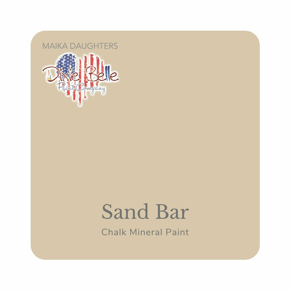 A square swatch card of Dixie Belle Paint Company’s Sand Bar Chalk Mineral Paint is against a white background. This color is a light neutral beige.