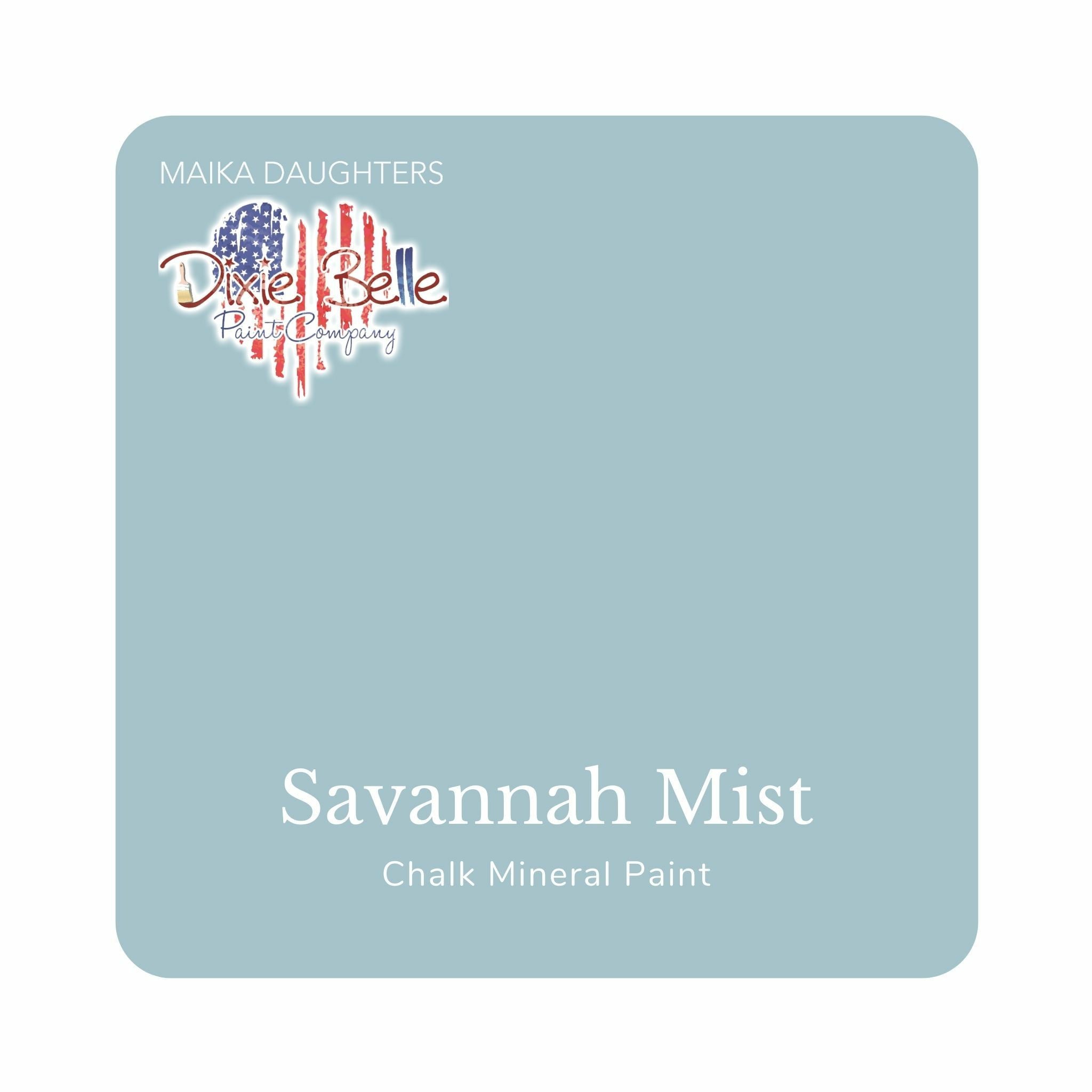 A square swatch card of Dixie Belle Paint Company’s Savannah Mist Chalk Mineral Paint is against a white background. This color is a light grey blue.