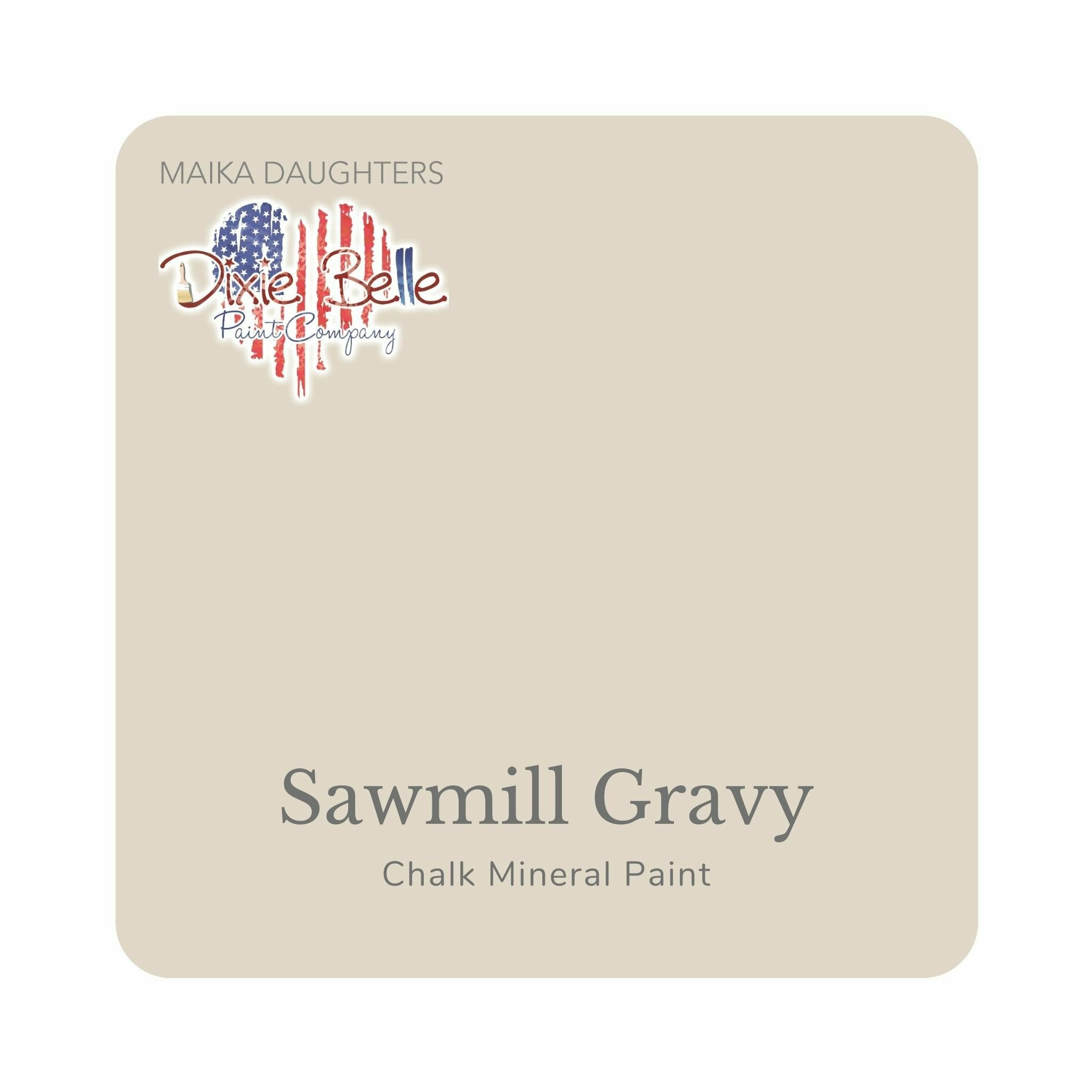 A square swatch card of Dixie Belle Paint Company’s Sawmill Gravy Chalk Mineral Paint is against a white background. This color is a smokey white.