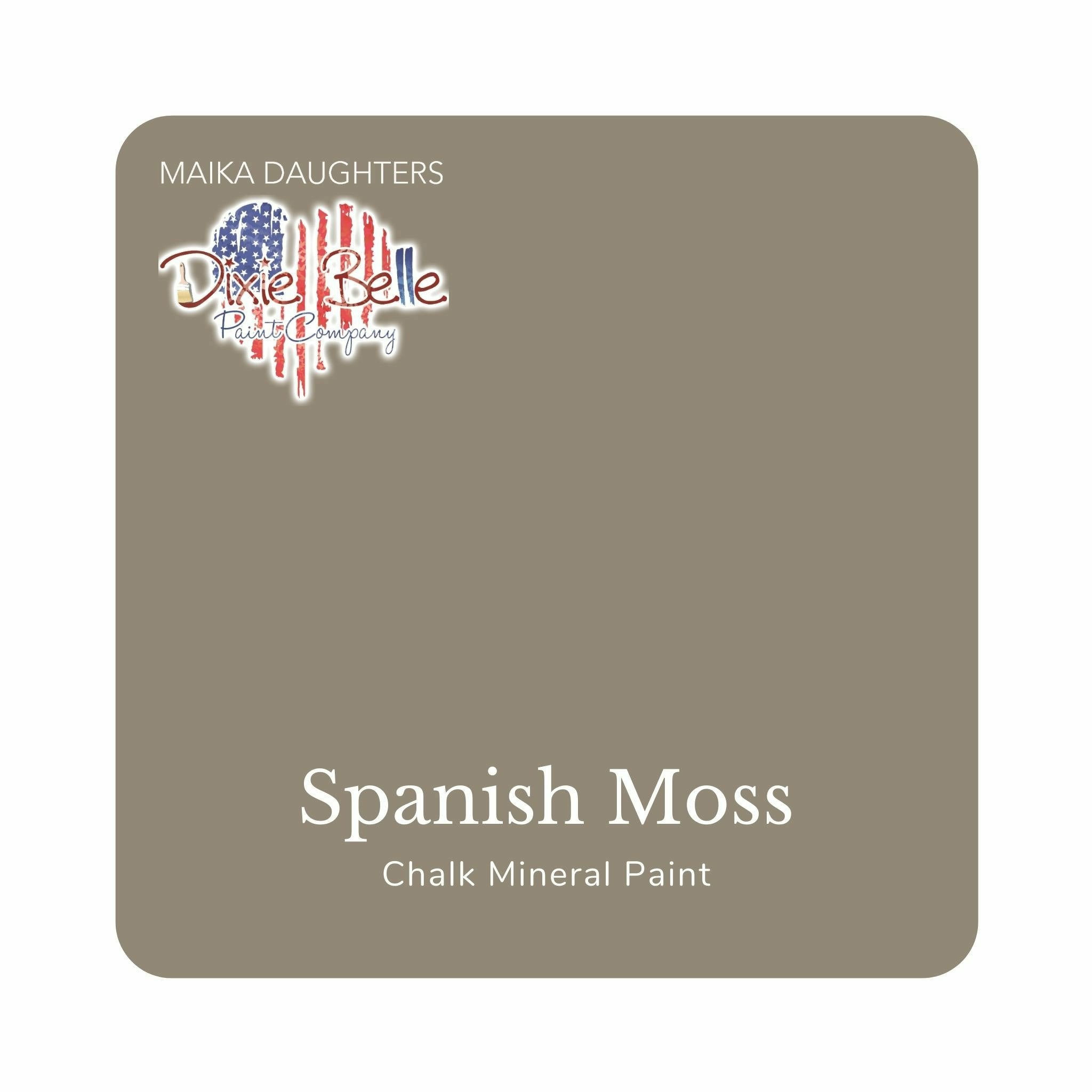 A square swatch card of Dixie Belle Paint Company’s Spanish Moss Chalk Mineral Paint is against a white background. This color is a green and gray mix.