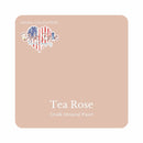 A square swatch card of Dixie Belle Paint Company’s Tea Rose Chalk Mineral Paint is against a white background. This color is a soft pink with a gray undertone.
