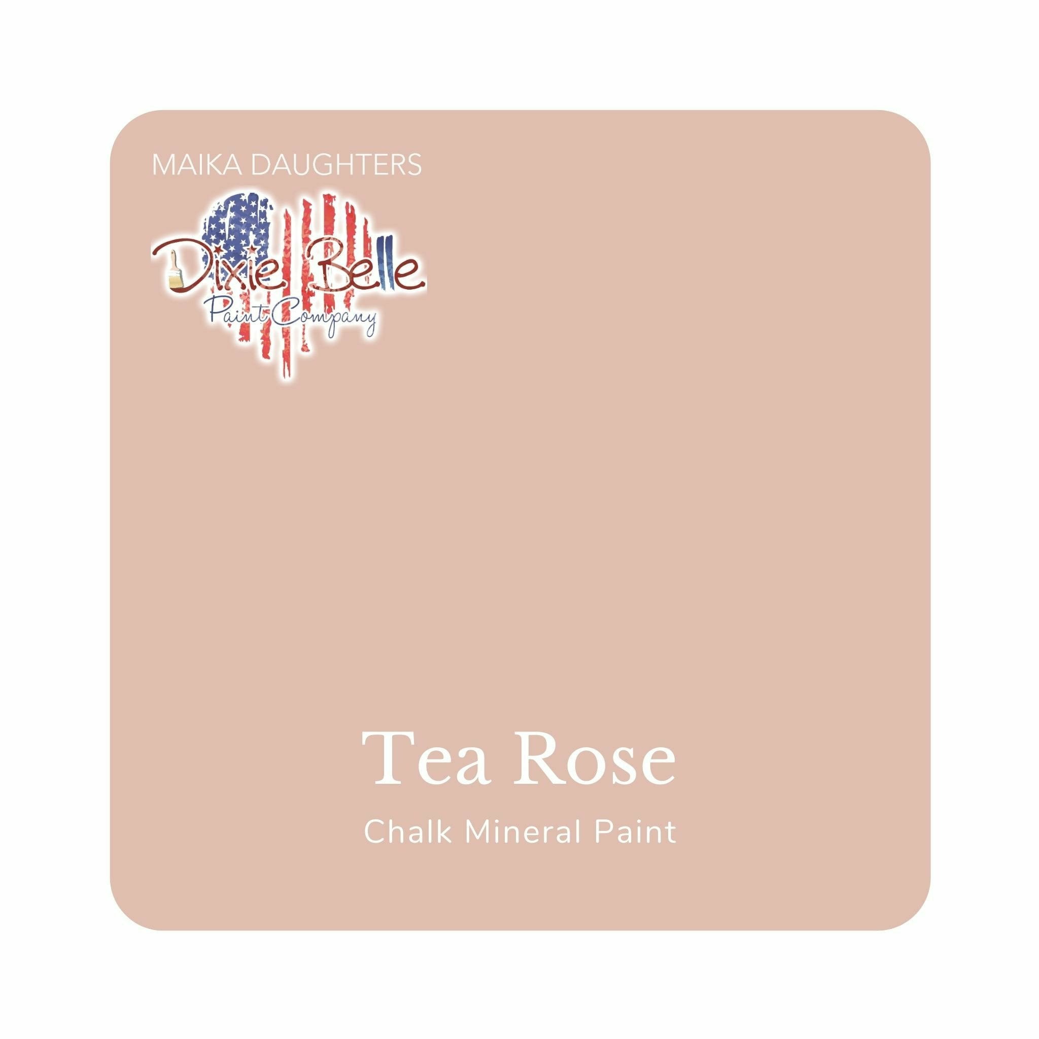 A square swatch card of Dixie Belle Paint Company’s Tea Rose Chalk Mineral Paint is against a white background. This color is a soft pink with a gray undertone.
