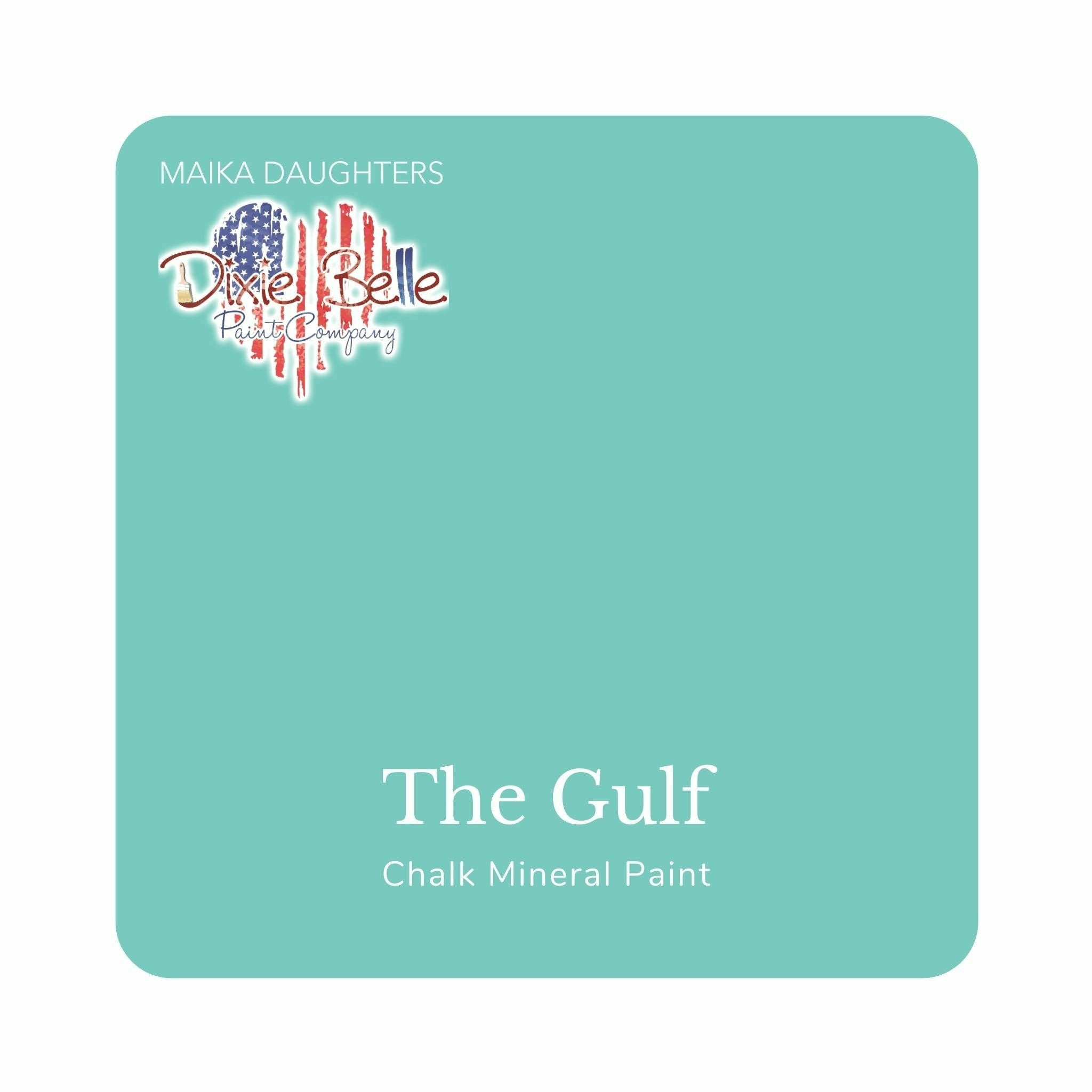 A square swatch card of Dixie Belle Paint Company’s The Gulf Chalk Mineral Paint is against a white background. This color is a serene turquoise.