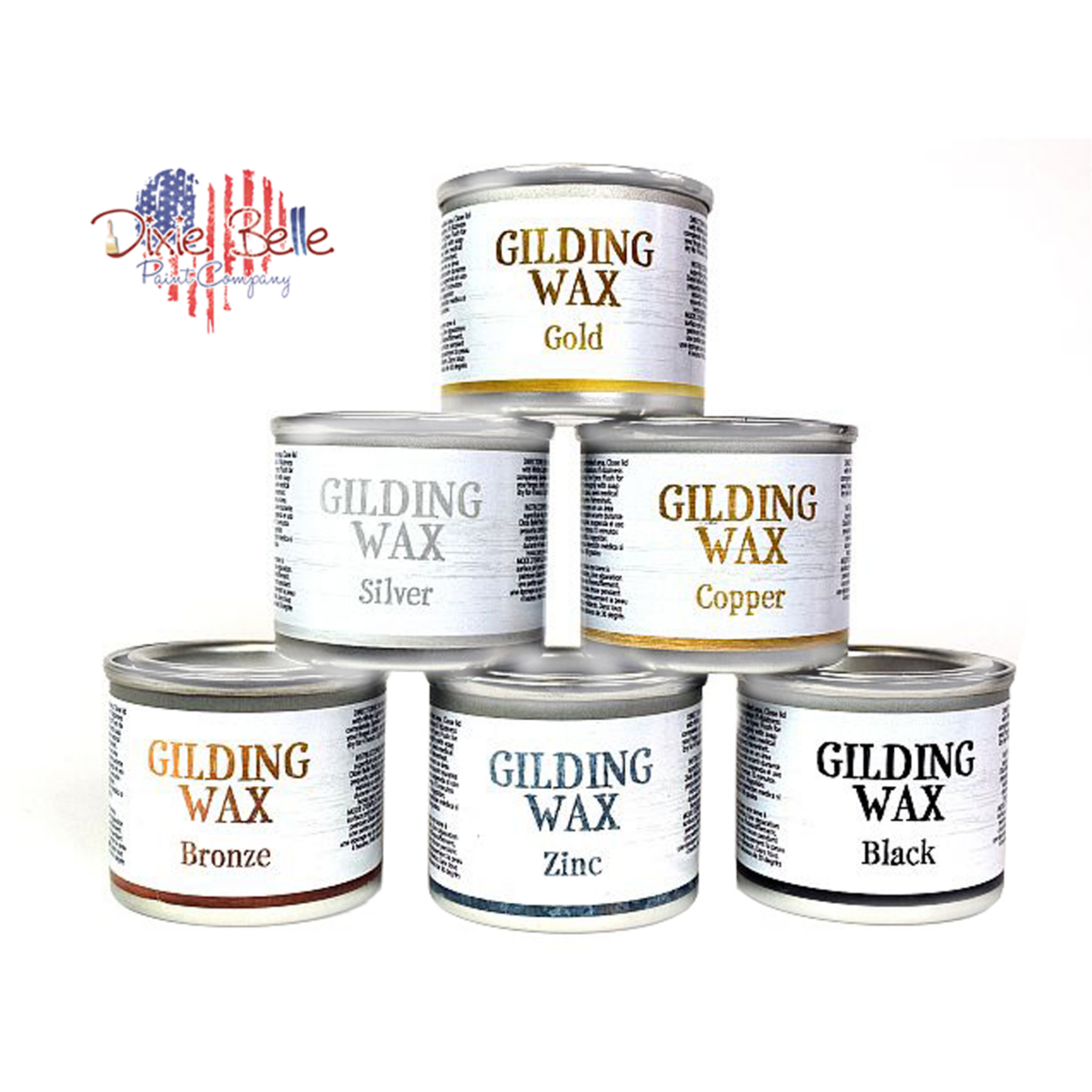 Six small cans of Dixie Belle Paint Company's Gilding Waxes in Gold, Silver, Copper, Bronze, Zinc, and Black are against a white background. 