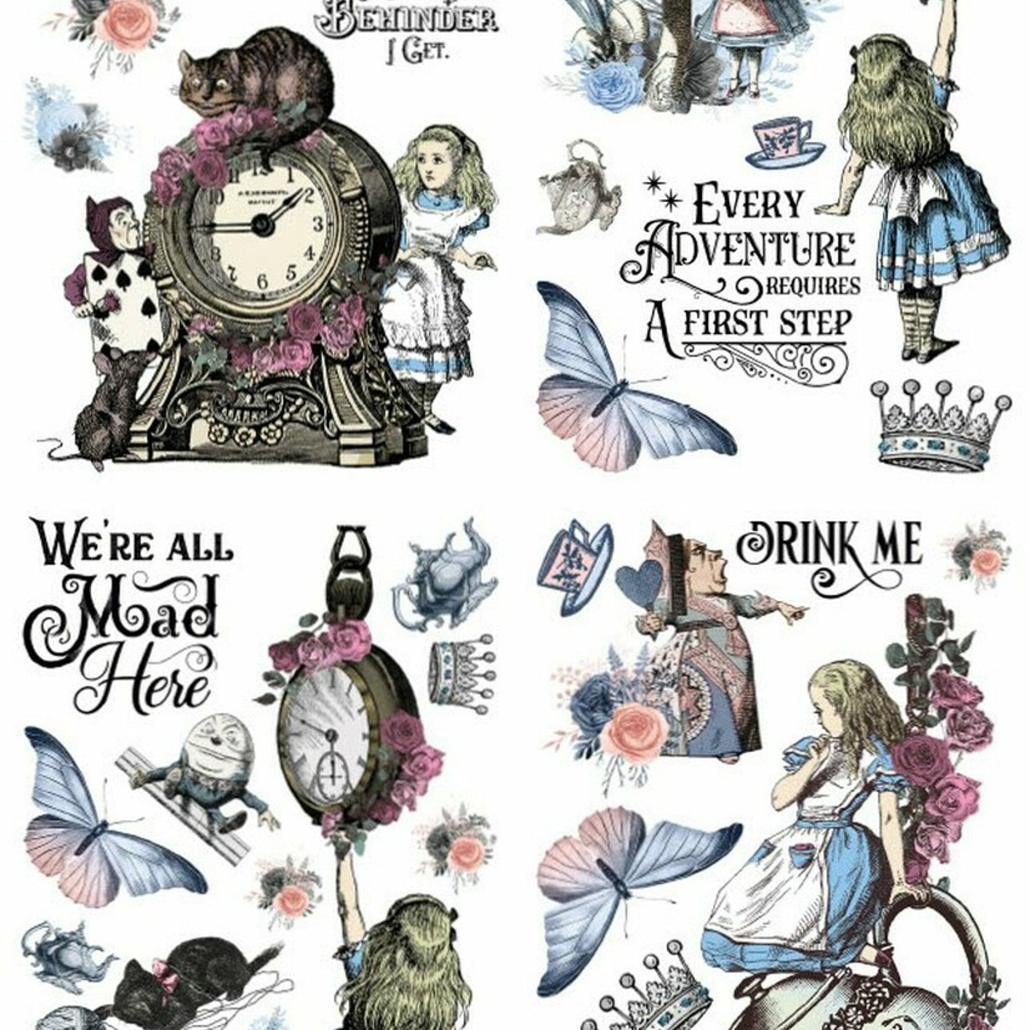 Various vintage Alice in Wonderland transfer designs on a white background.