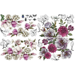 Rub-on transfer that features a few insects and pink, light purple, and outline drawn flower blossoms scattered throughout the design.