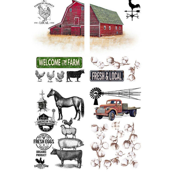 A rub-on transfer that features a large red farm barn, farm signs, cotton plants, a vintage farm truck, and drawings of farm animals.