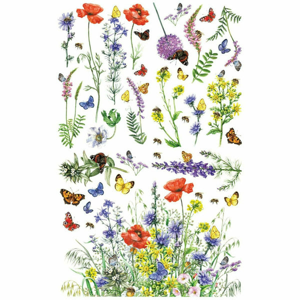 Colorful Wildflowers & Butterflies transfer design on a white background. White borders on the sides.
