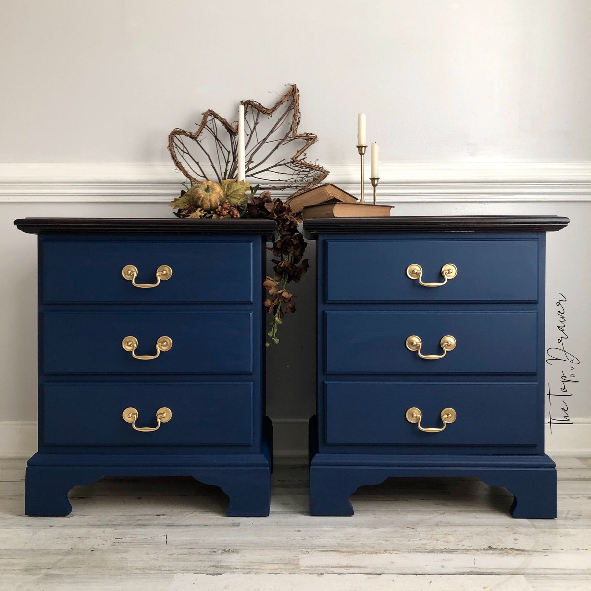 Two 3-drawer nightstands refurbished by The Top Drawer are painted with Dixie Belle's Bunker Hill Blue chalk mineral paint.