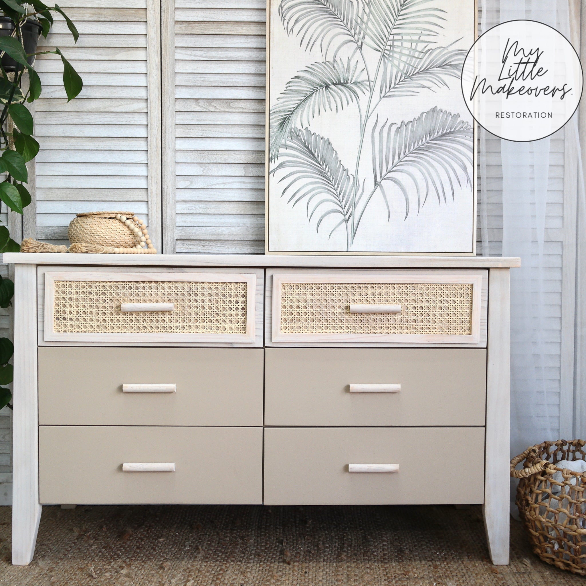 A mid-century 6-drawer dresser refurbished by My Little Makeovers Restoration has natural light wood and features Dixie Belle's Burlap chalk mineral paint on its bottom 4 drawers.