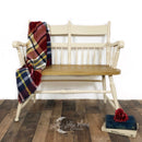 A vintage 2-seater wood bench refurbished by Lilly Moon Vintage has a natural wood seat and features Dixie Belle's Burlap chalk mineral paint on the rest of it.
