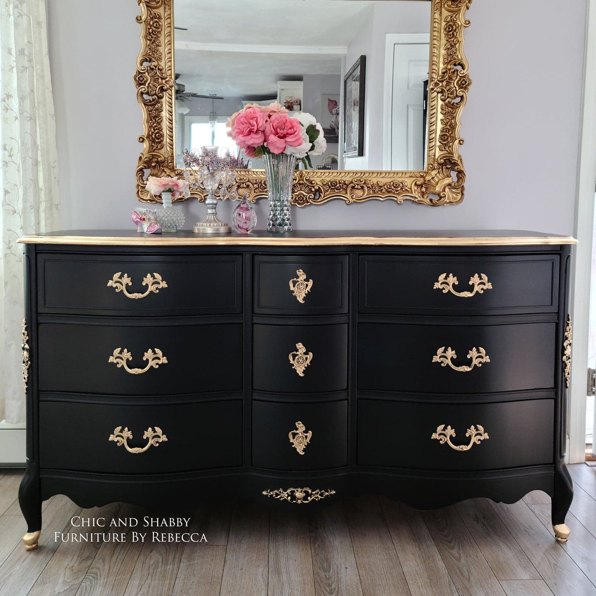 A vintage 9-drawer dresser refurbished by Chic and Shabby Furniture by Rebecca is painted in Dixie Belle's Cavier chalk mineral paint and has gold accents.