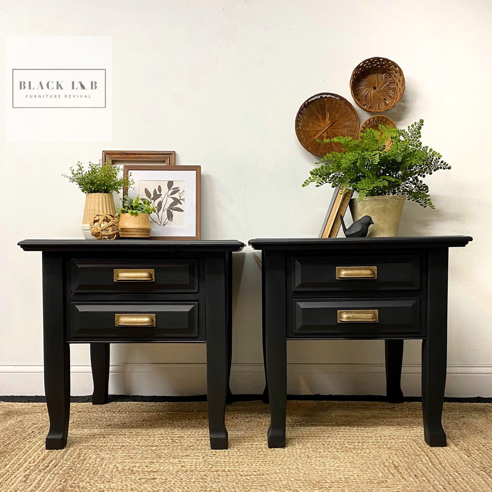 Two vintage nightstands refurbished by Black Lab Furniture Revival have gold drawer pulls and are painted in Dixie Belle's Caviar chalk mineral paint.