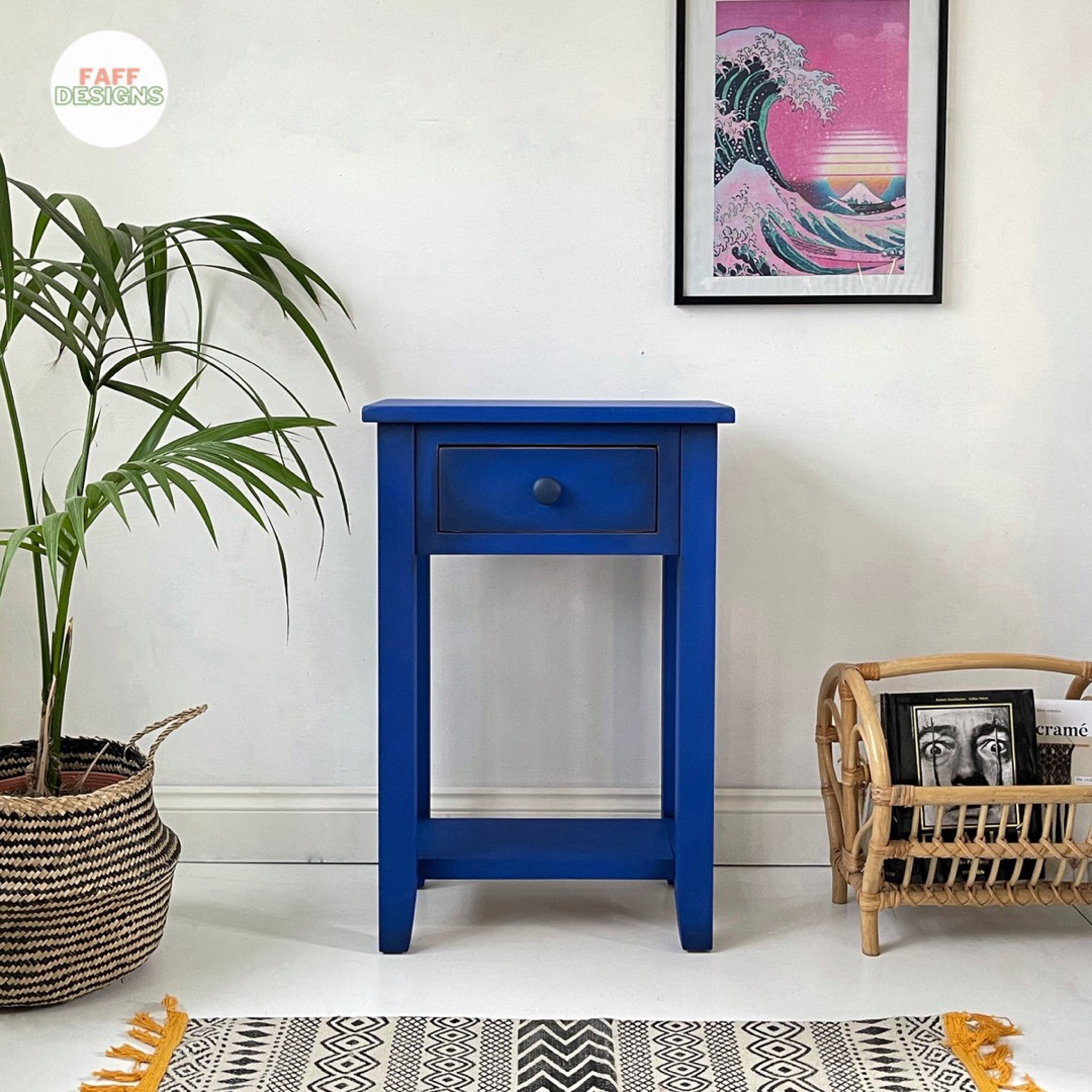 An end table refurbished by Faff Designs is painted in Dixie Belle's Cobalt Blue chalk mineral paint.