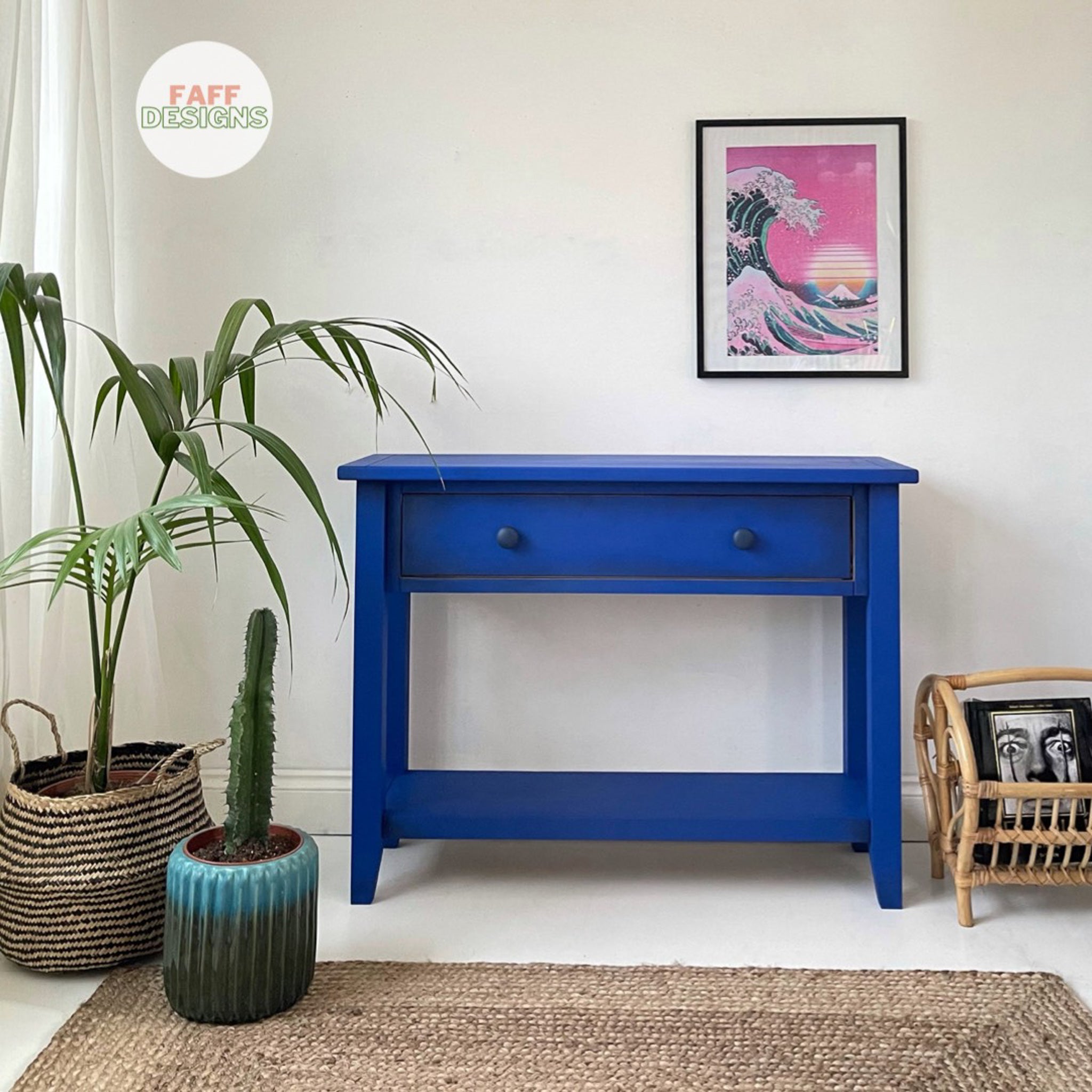 A console table refurbished by Faff Designs is painted with Dixie Belle's Cobalt Blue chalk mineral paint.