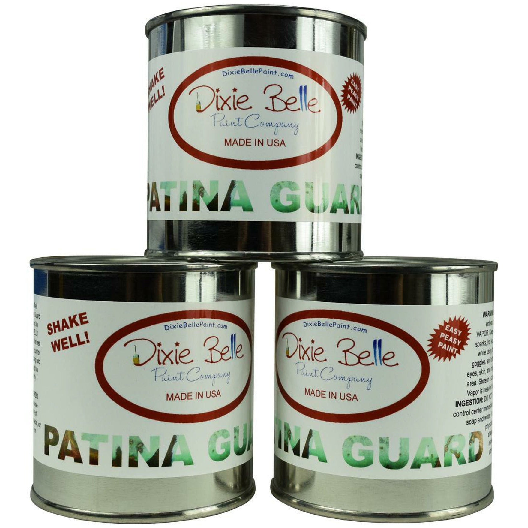 Three cans of Dixie Belle's Patina Guard are stacked in a pyramid and are against a white background.