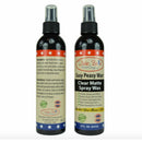Two bottles, a front view and back view, of Dixie Belle's Easy Peasy Wax Clear Matte Spray Wax are against a white background.