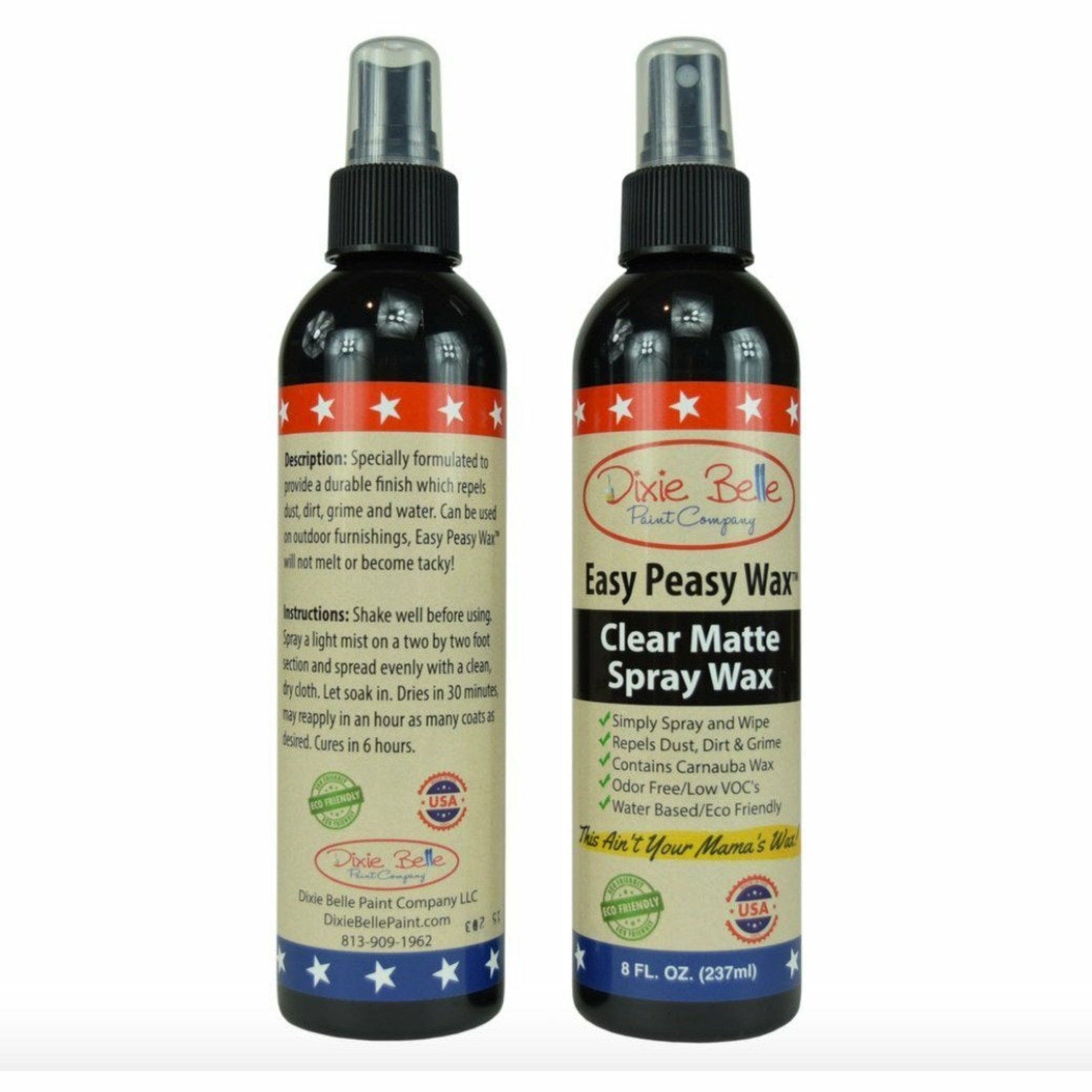 Two bottles, a front view and back view, of Dixie Belle's Easy Peasy Wax Clear Matte Spray Wax are against a white background.